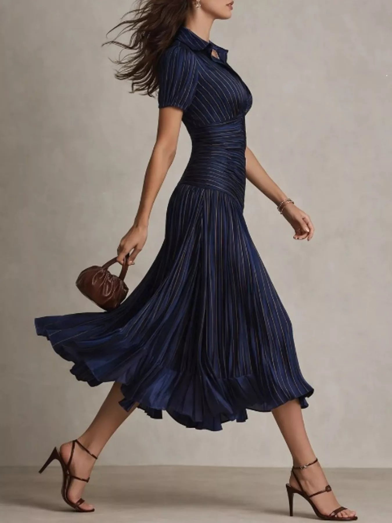 Pleated Striped Short Sleeve Midi Dress