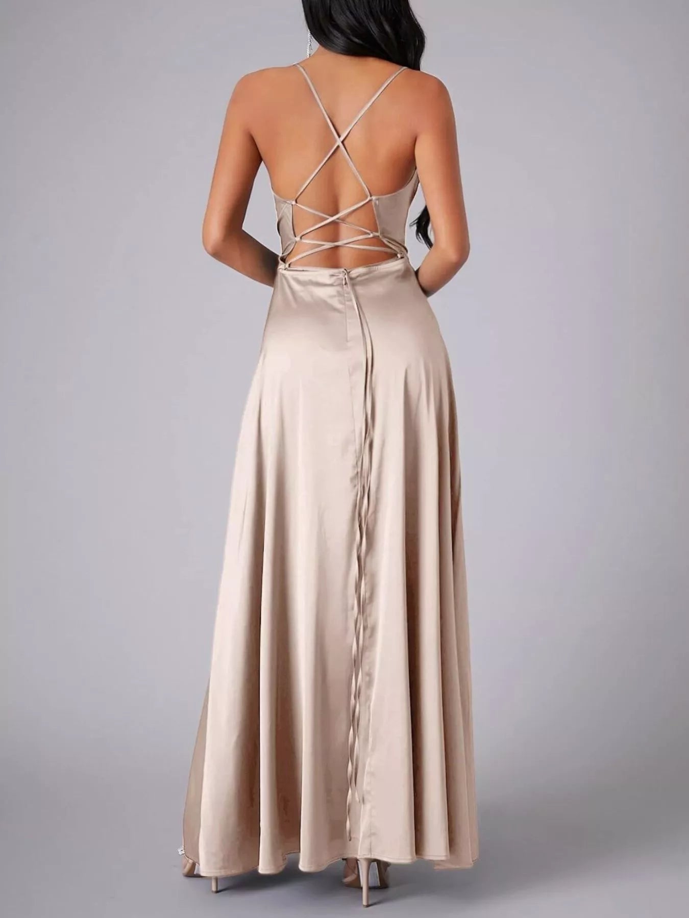 Lace Up Back Split Maxi Dress
