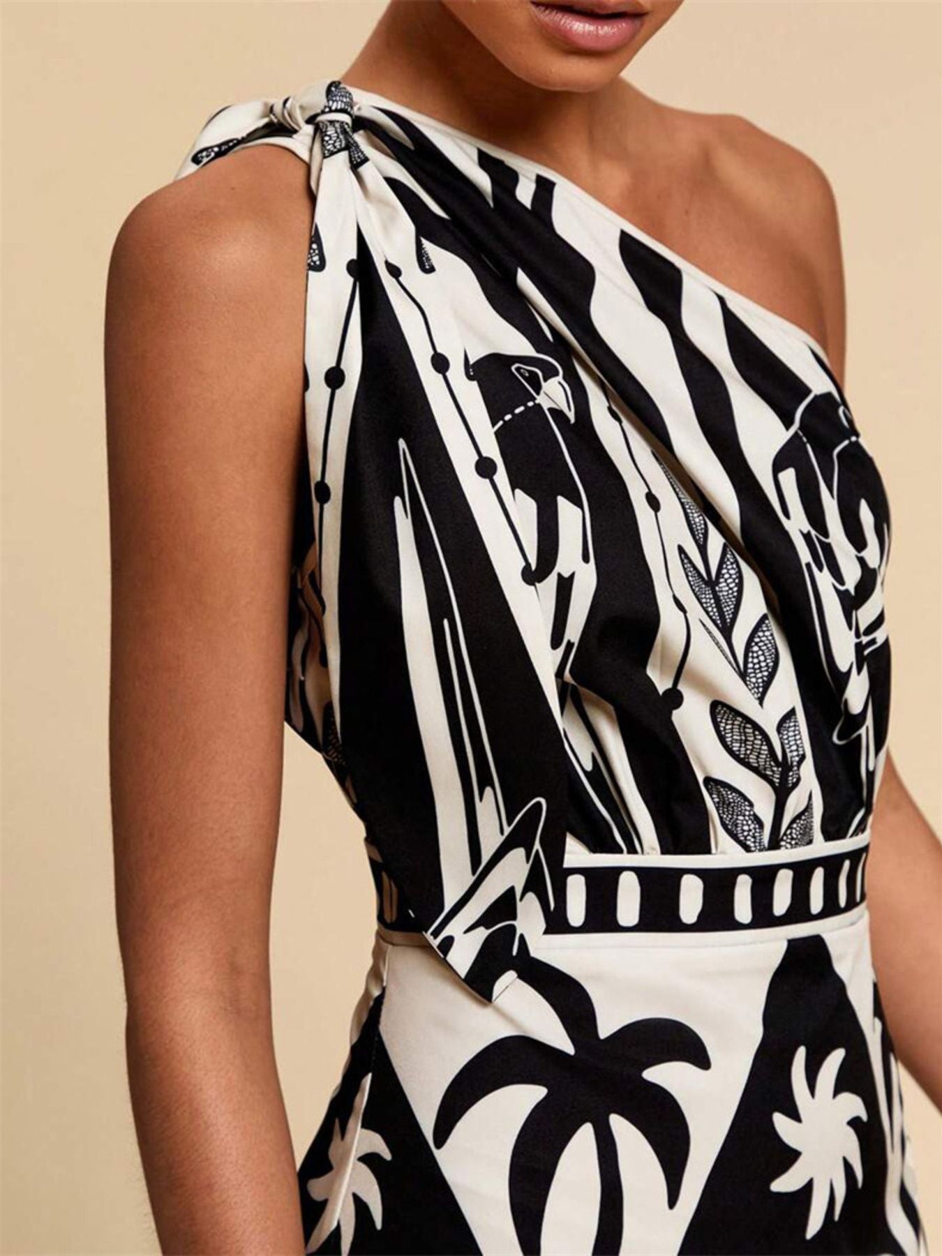 One-Shoulder Tropical Print Midi Dress