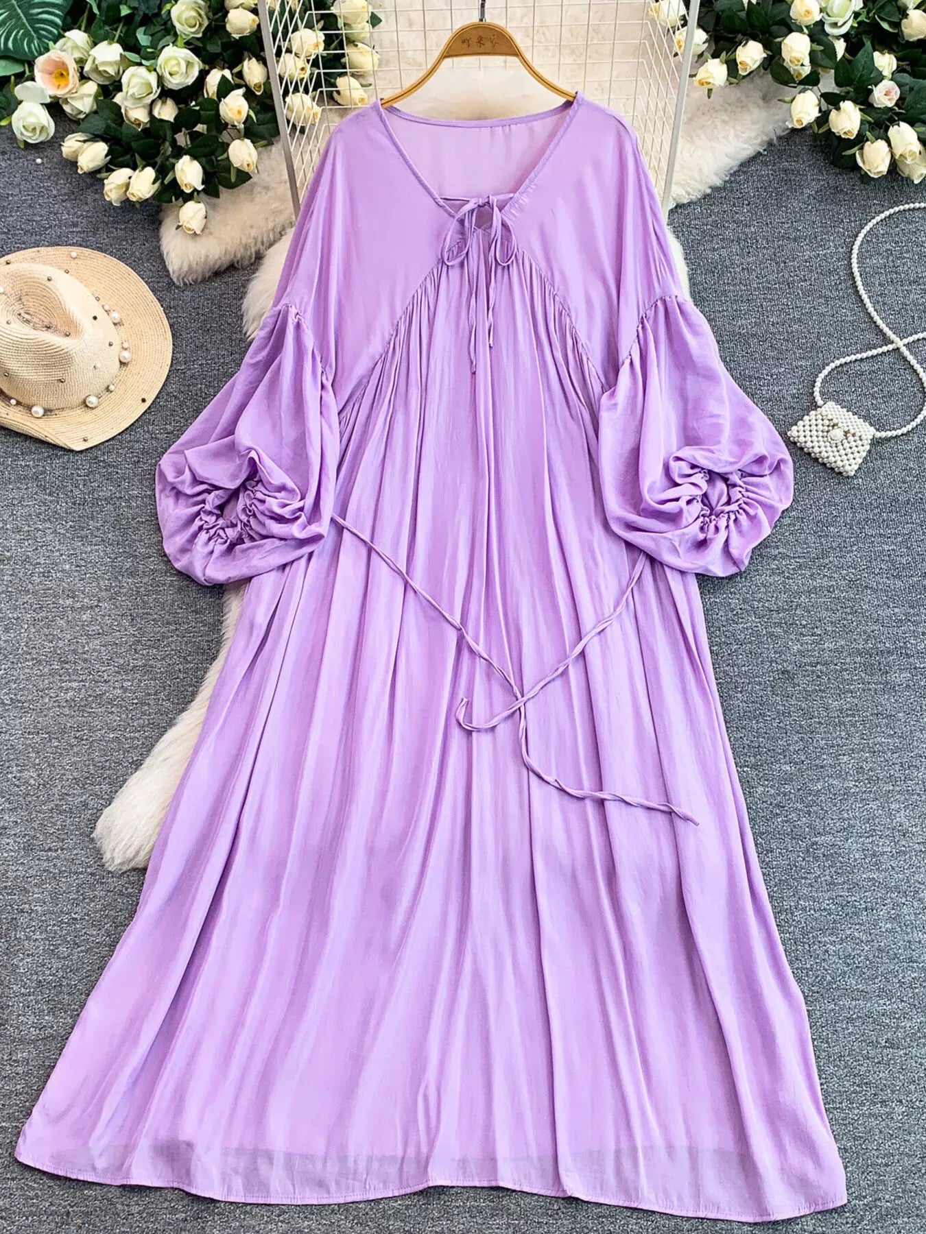 Balloon Sleeve Tie-Waist Dress
