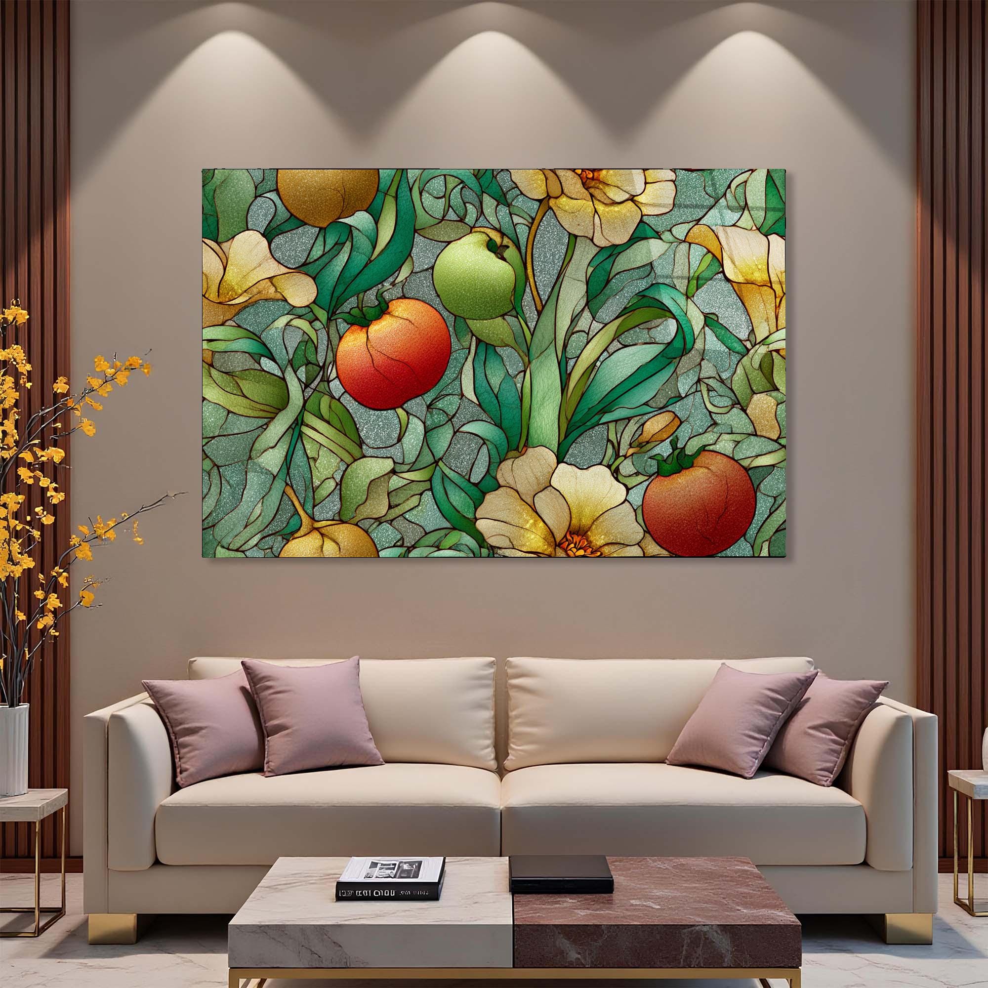 Stained Glass Look Fruits Tempered Glass Wall Art | Botanical Kitchen & Dining Room Glass Wall Décor
