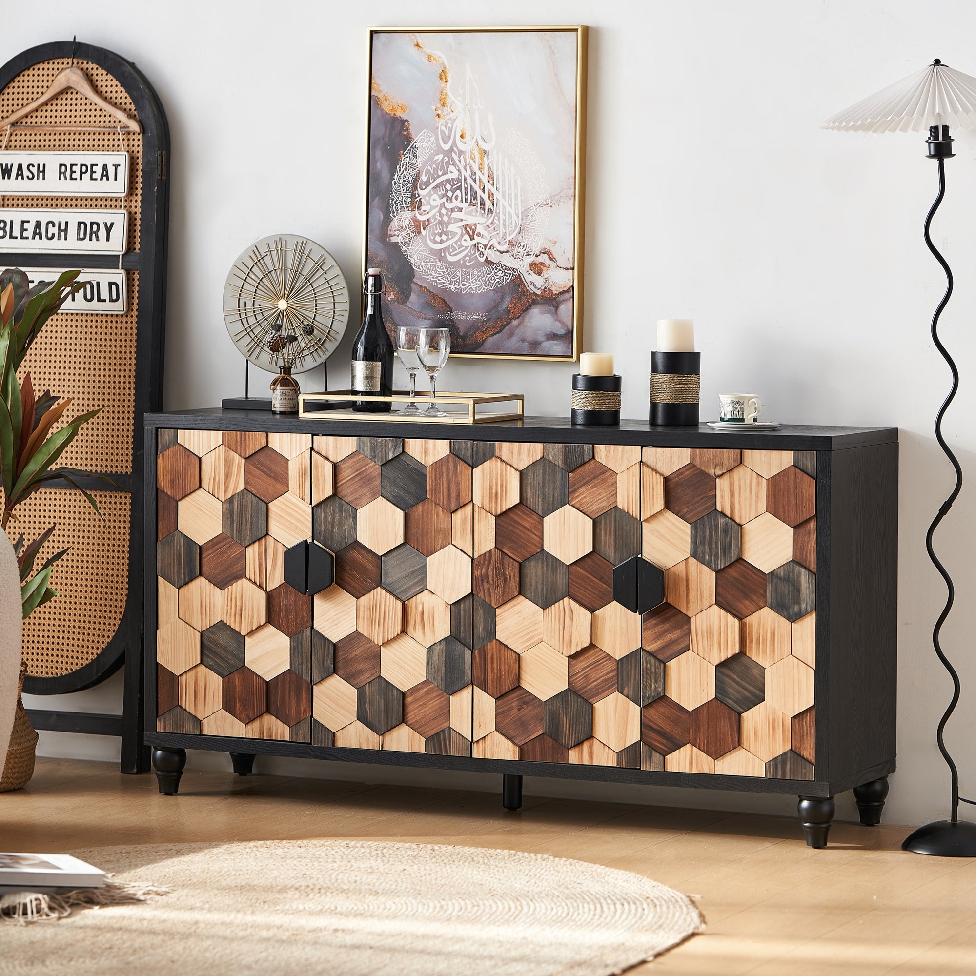 Distressed Storage Cabinet with Honeycomb Pattern
