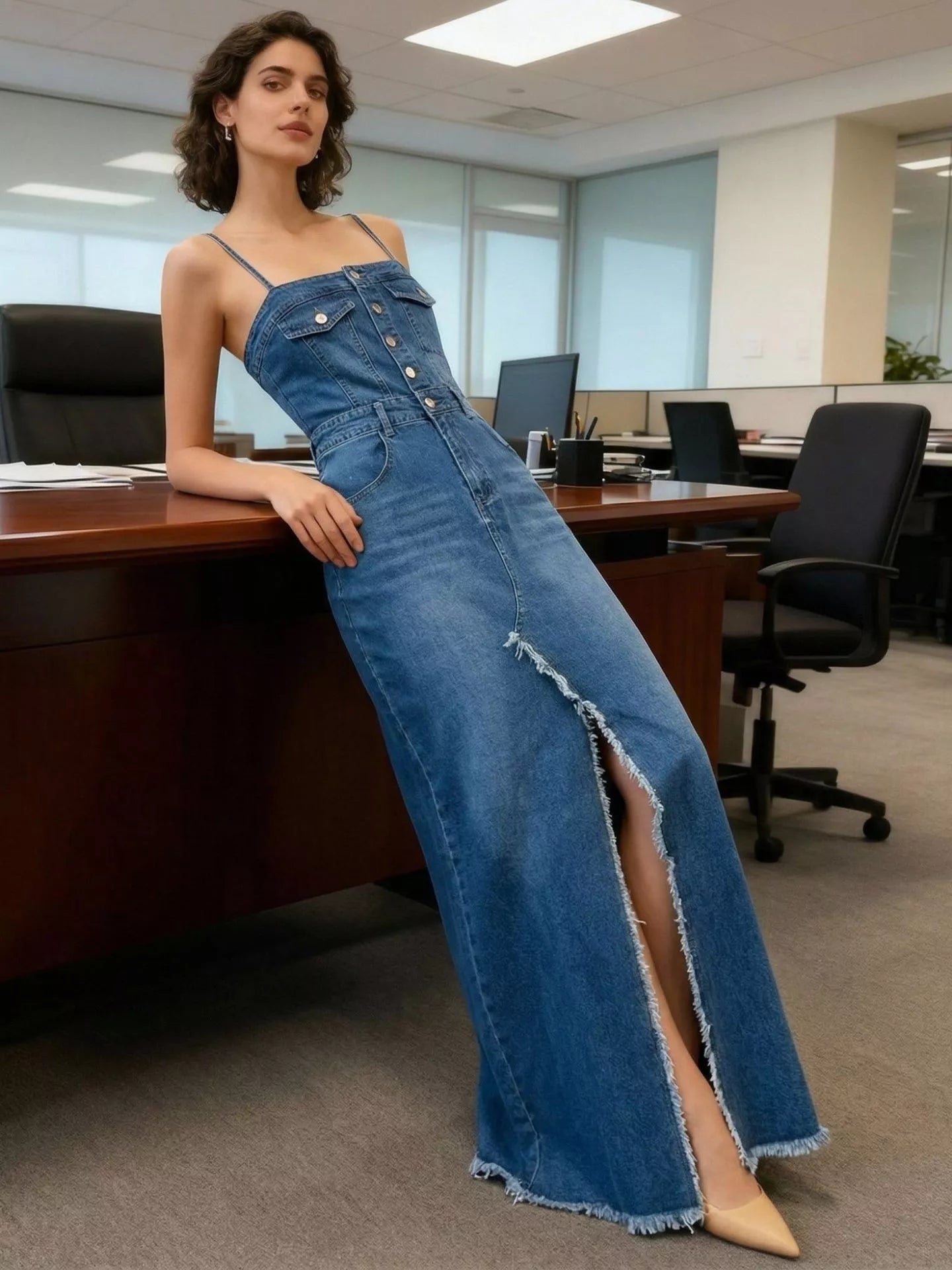 Sleeveless Frayed Hem Slit Denim Dress