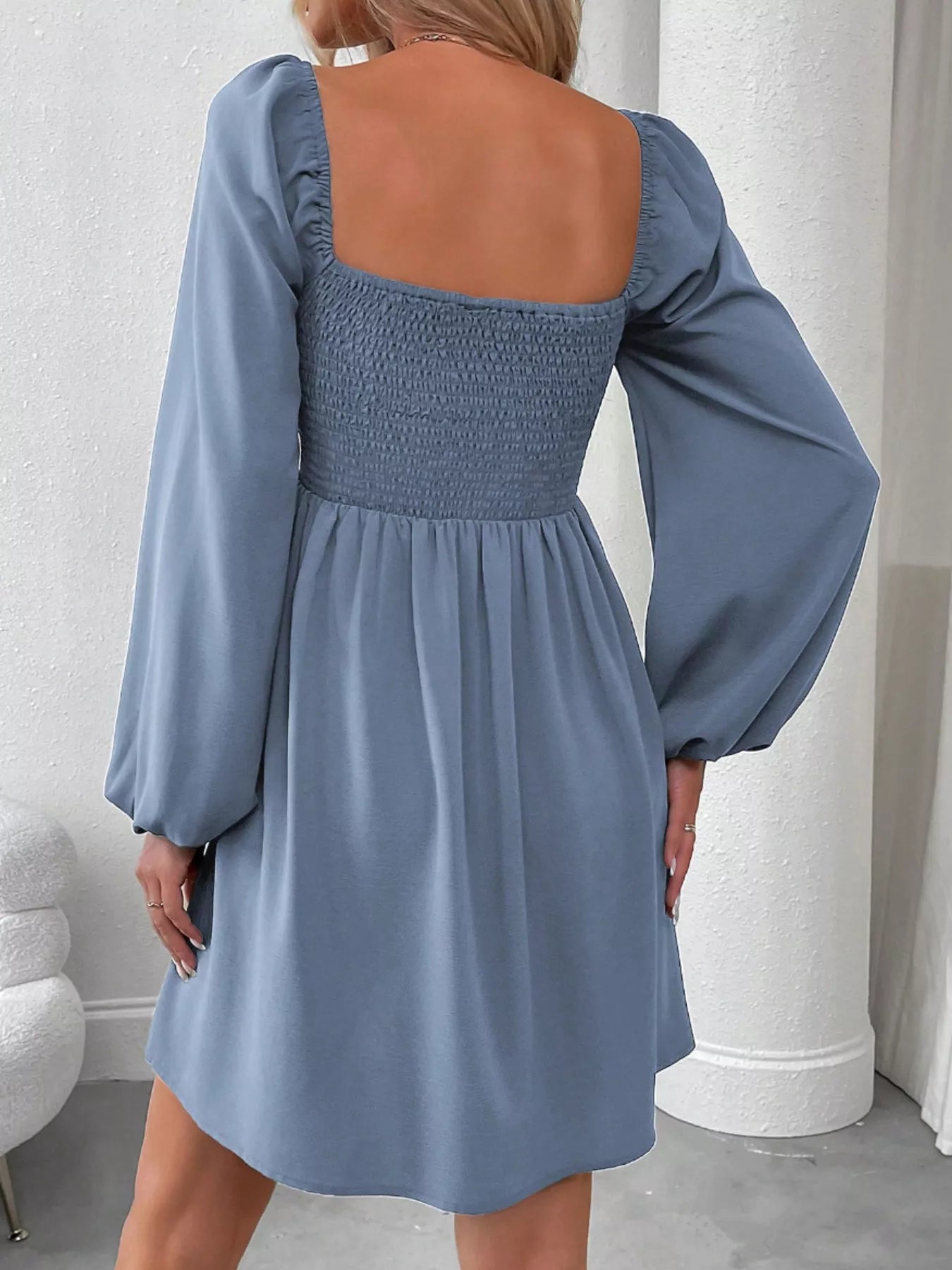 Ruched Square Neck Long Sleeve A-Line Dress