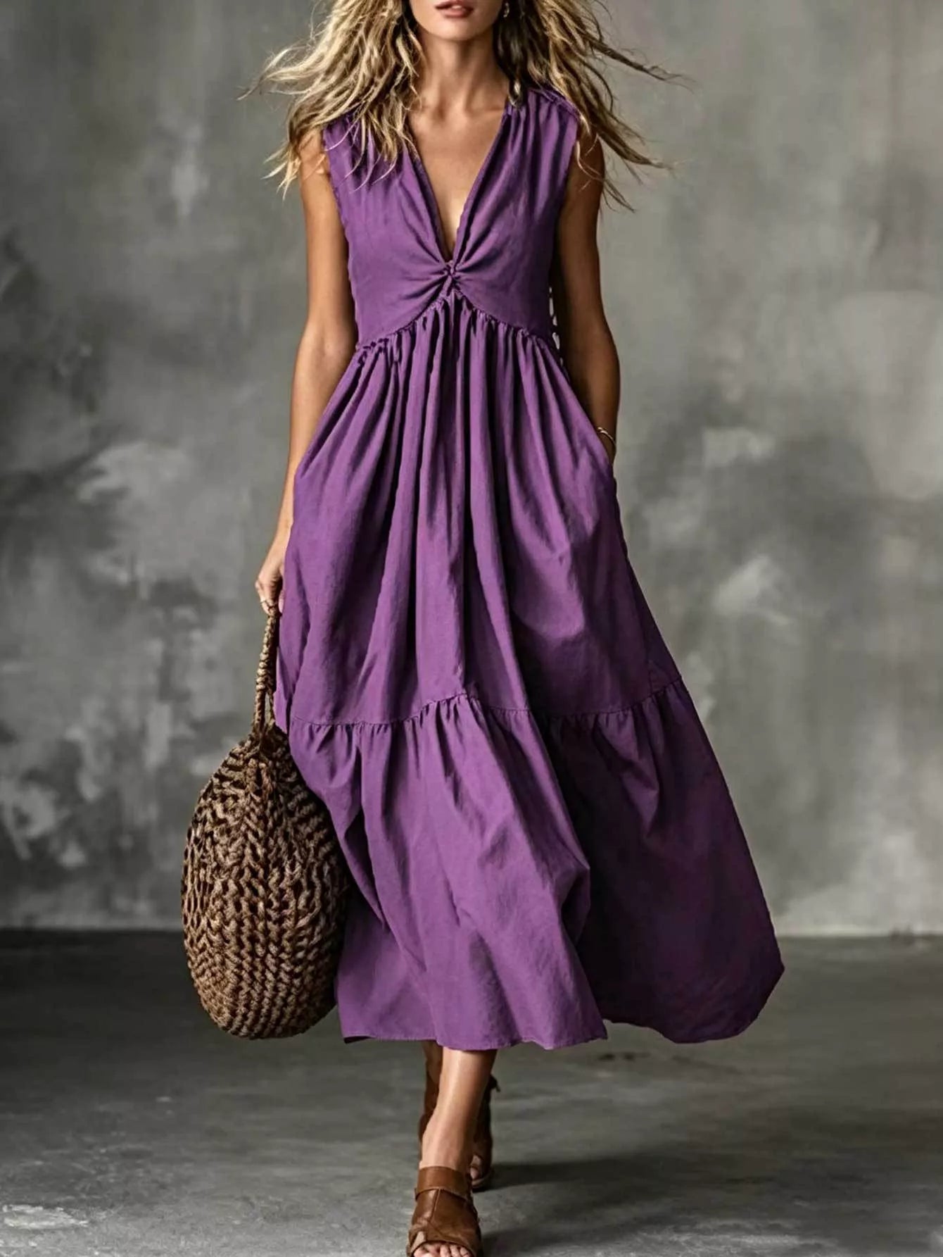 V-Neck Twisted Tiered Midi Dress