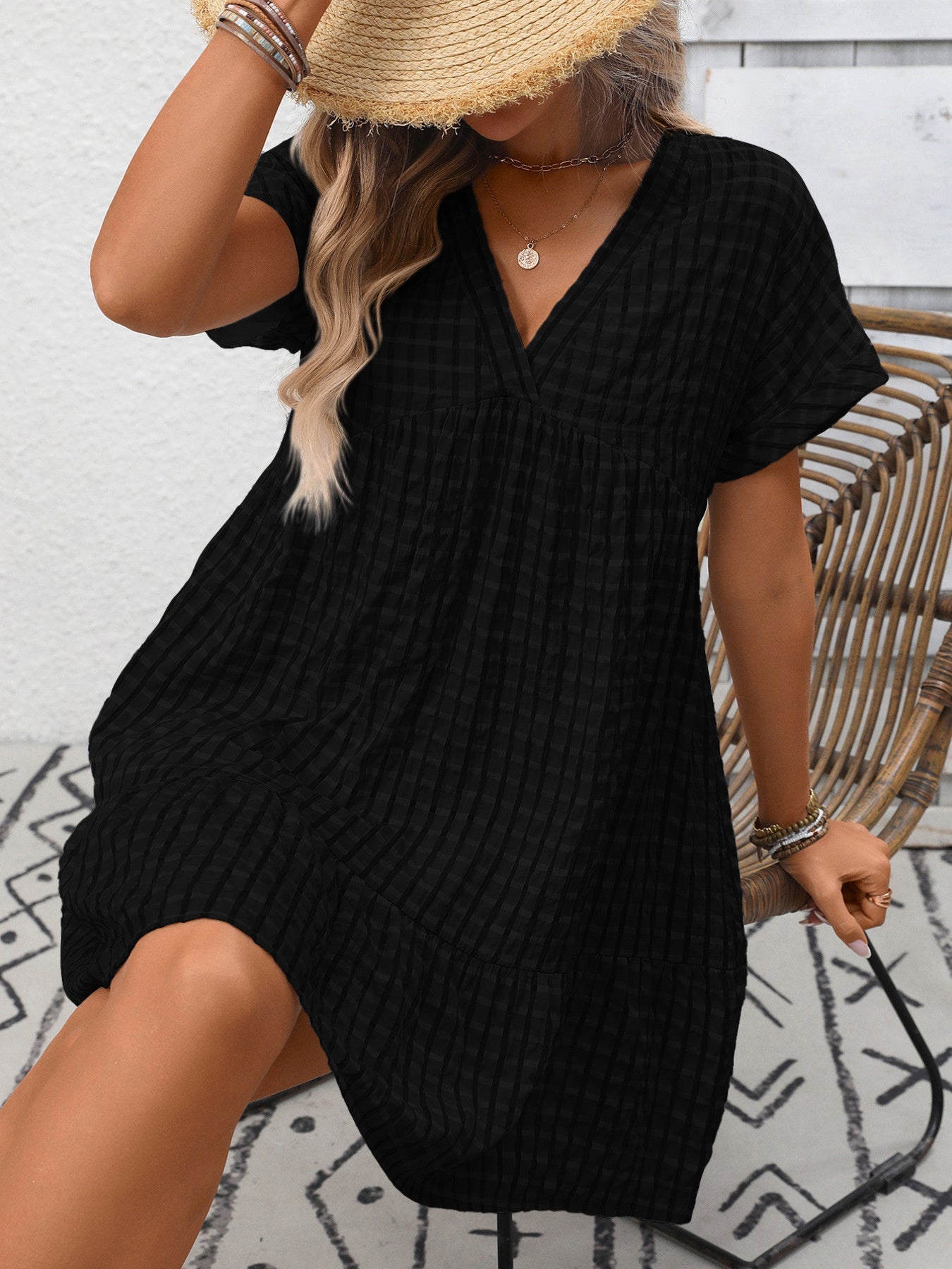 Plaid V-Neck Ruffle Hem Mini Dress