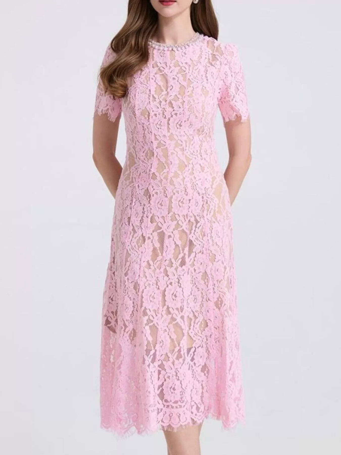 Lace Pearl Neckline Midi Dress