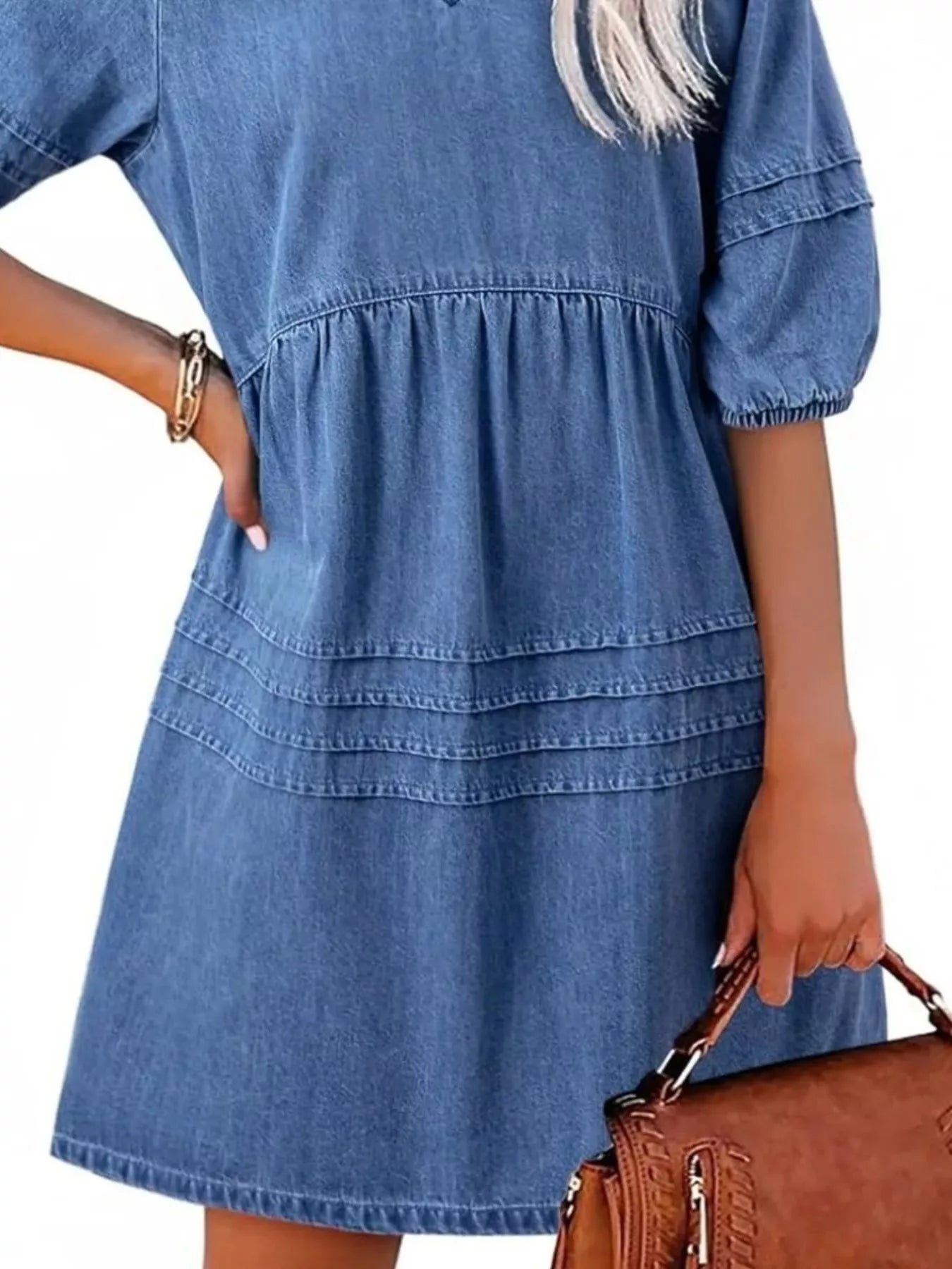Casual V-Neck Puff Sleeve Denim Mini Dress