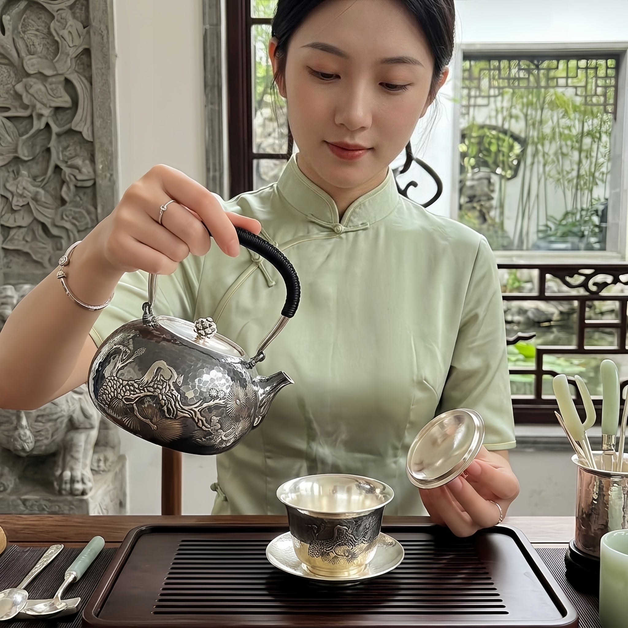 925 Sterling Silver Elegant Handcrafted Teapot with Nature-Inspired Squirrel and Pine Cone Design-Fine large teapot - Handicraft