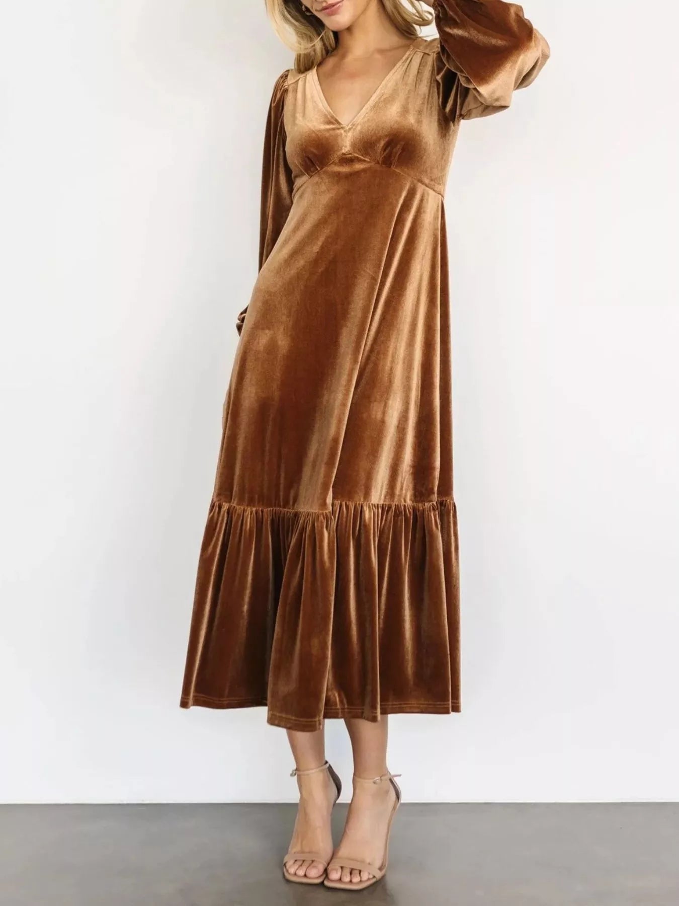 Velvet Tiered Long Sleeve Midi Dress