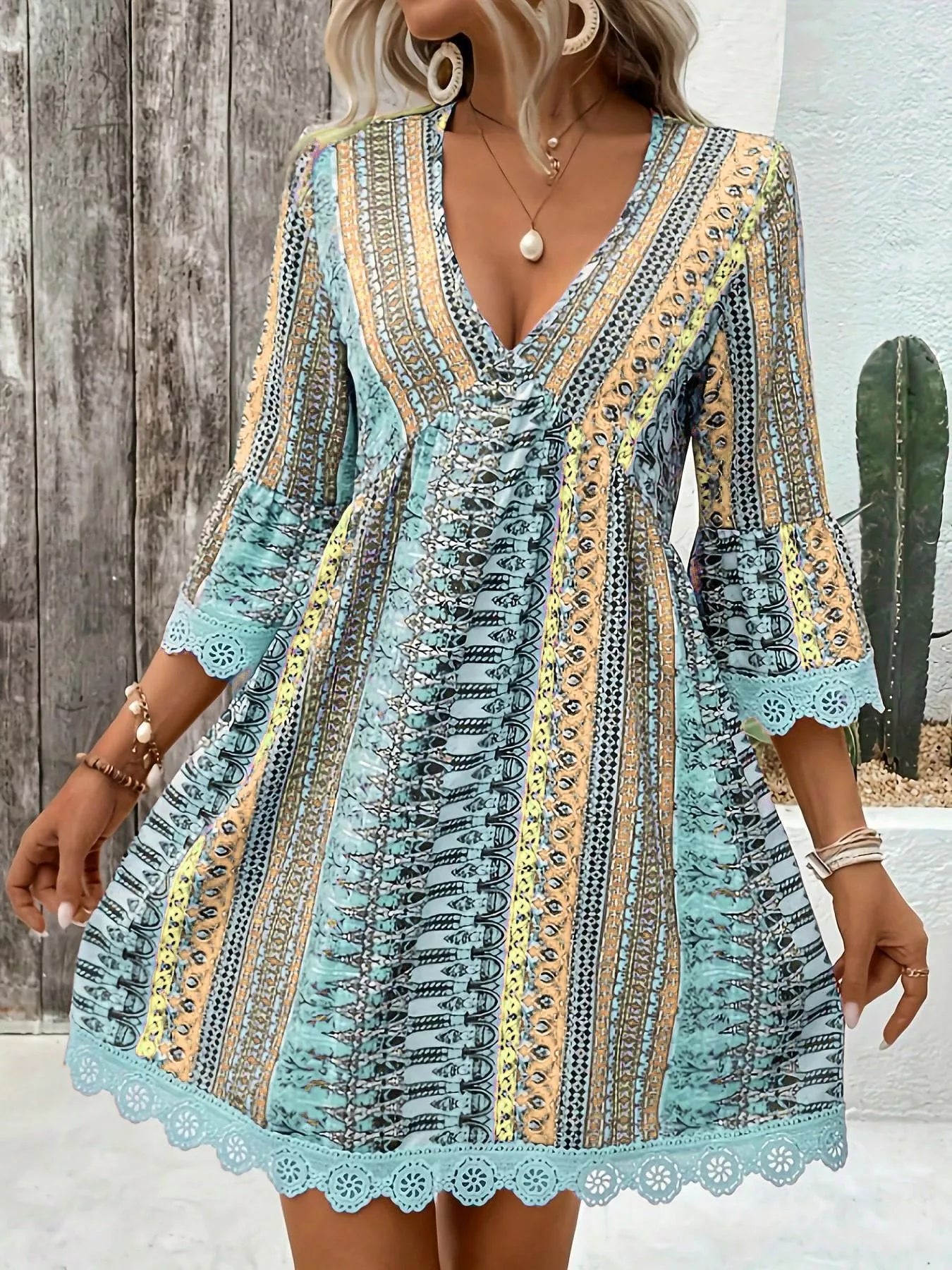 Printed V-Neck A-Line Dress