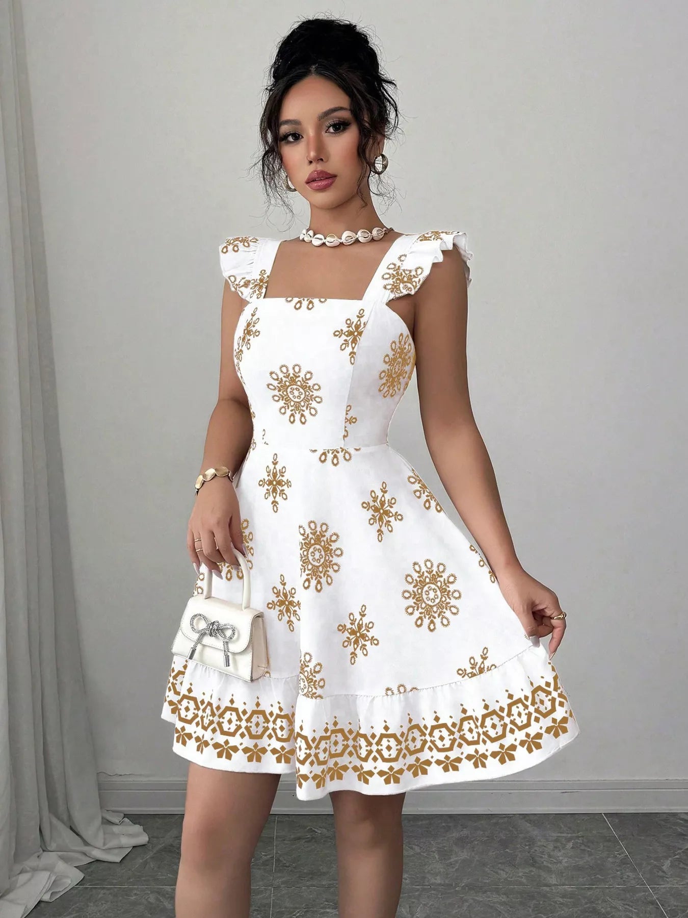 Printed Bow Back Square Neck Mini Dress