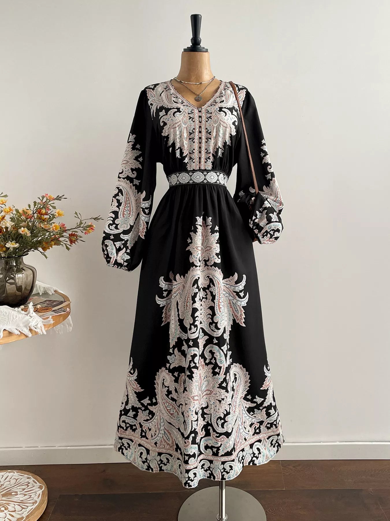 Plus Size Printed V-Neck Balloon Sleeve Dress