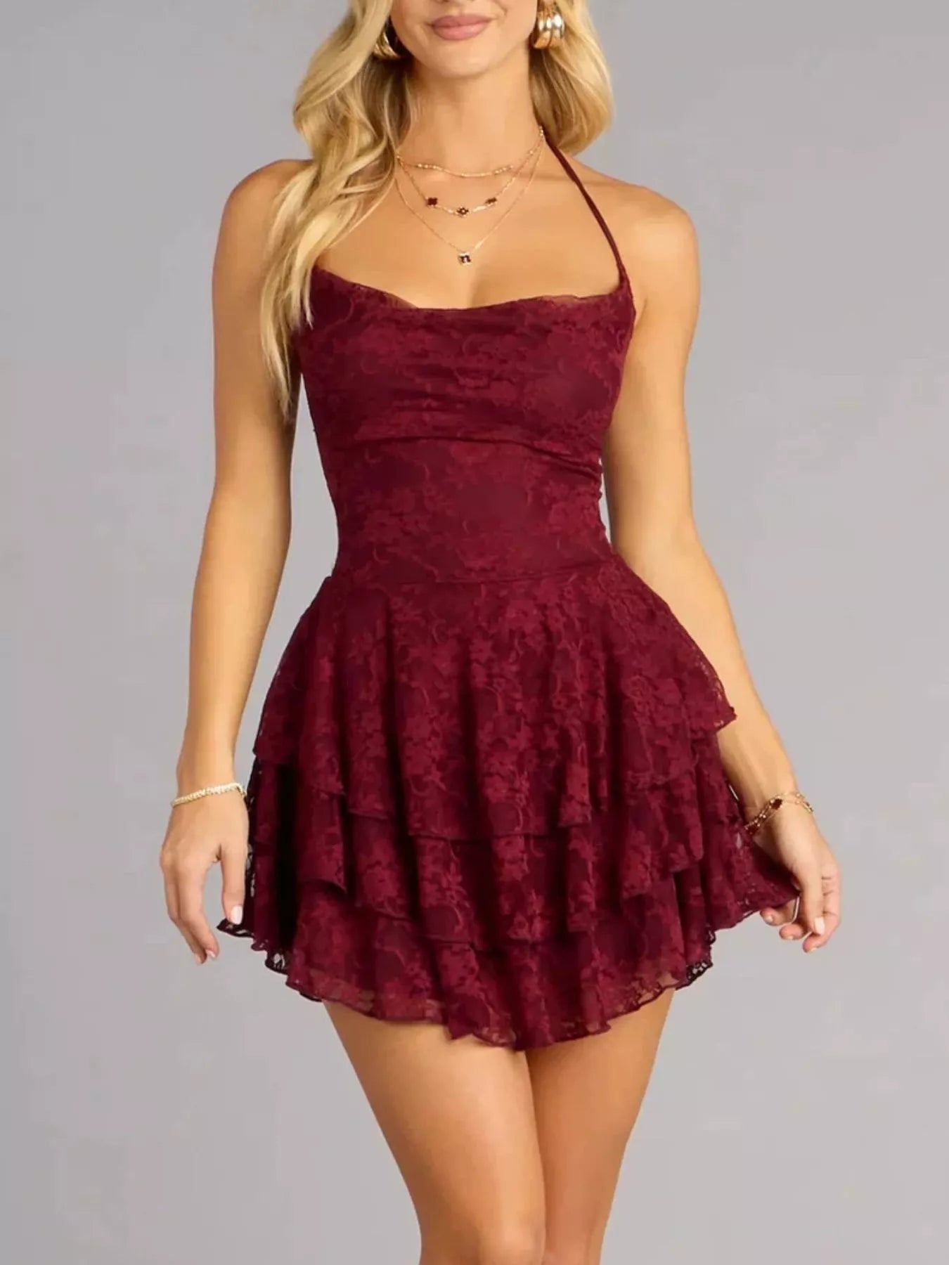 Lace Ruffle Halter Neck Mini Dress