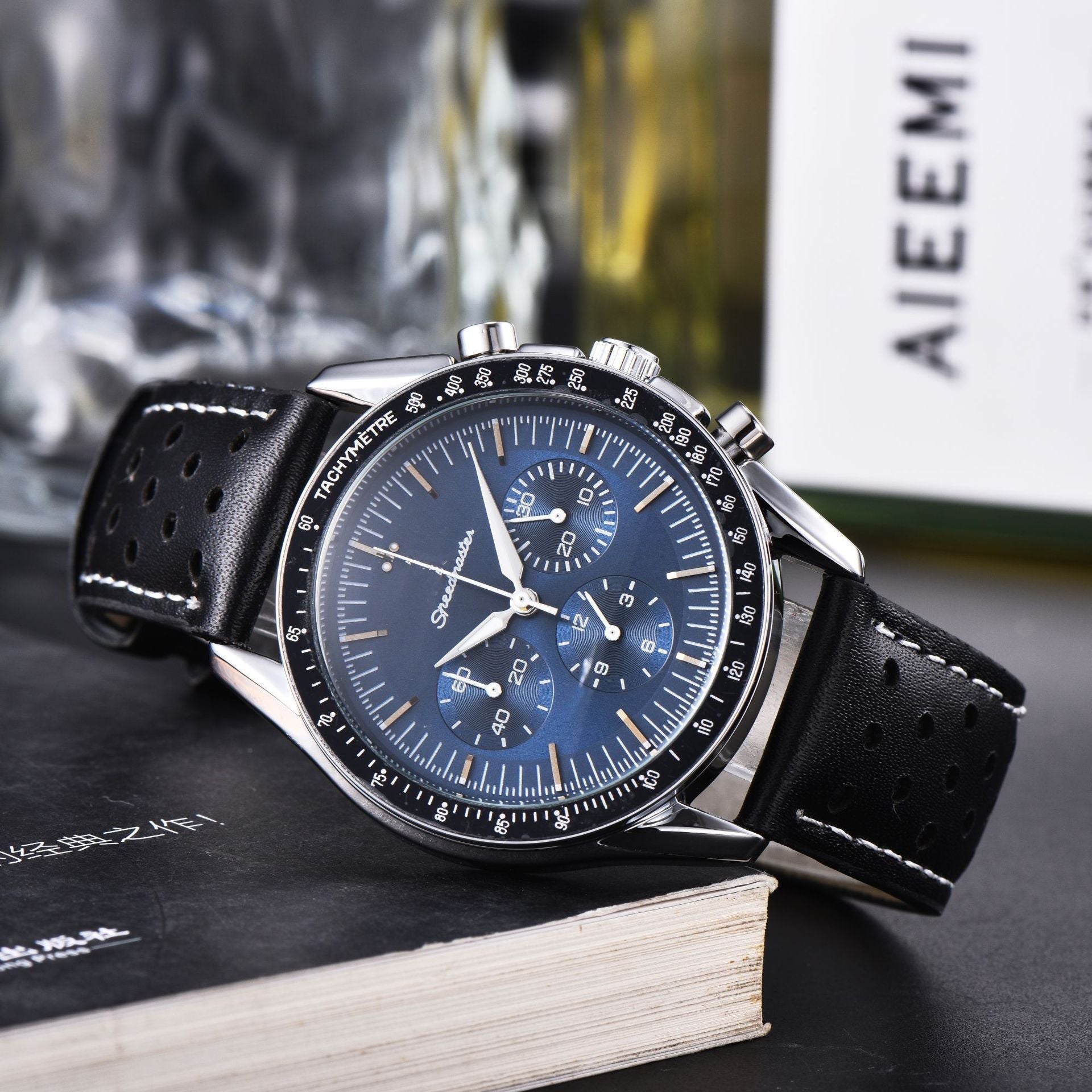 Business Mens 6-Hand Leather-Band Multi-Function Quartz Watch