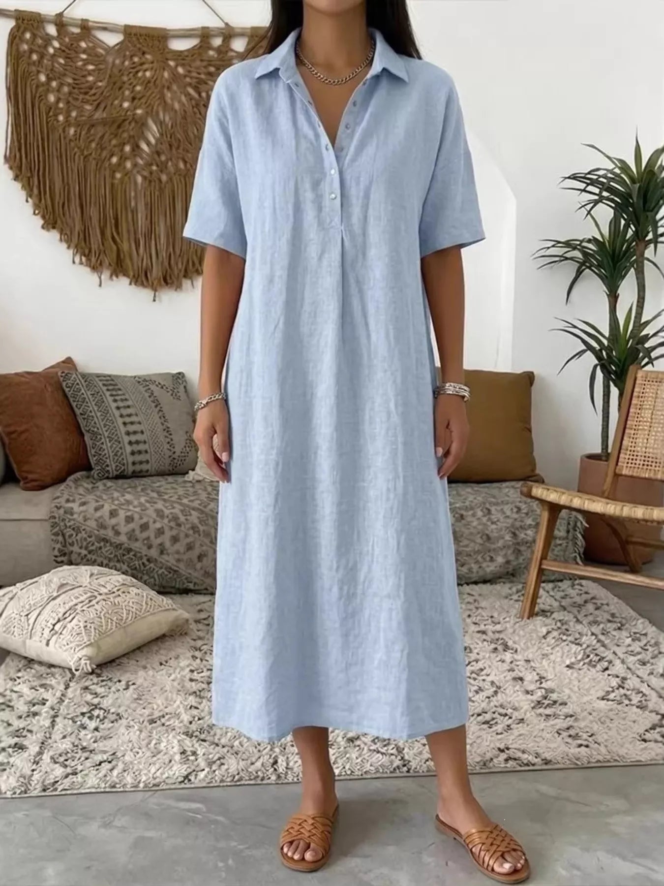 Full Size Button Detail Half Sleeve Dress Plus Size