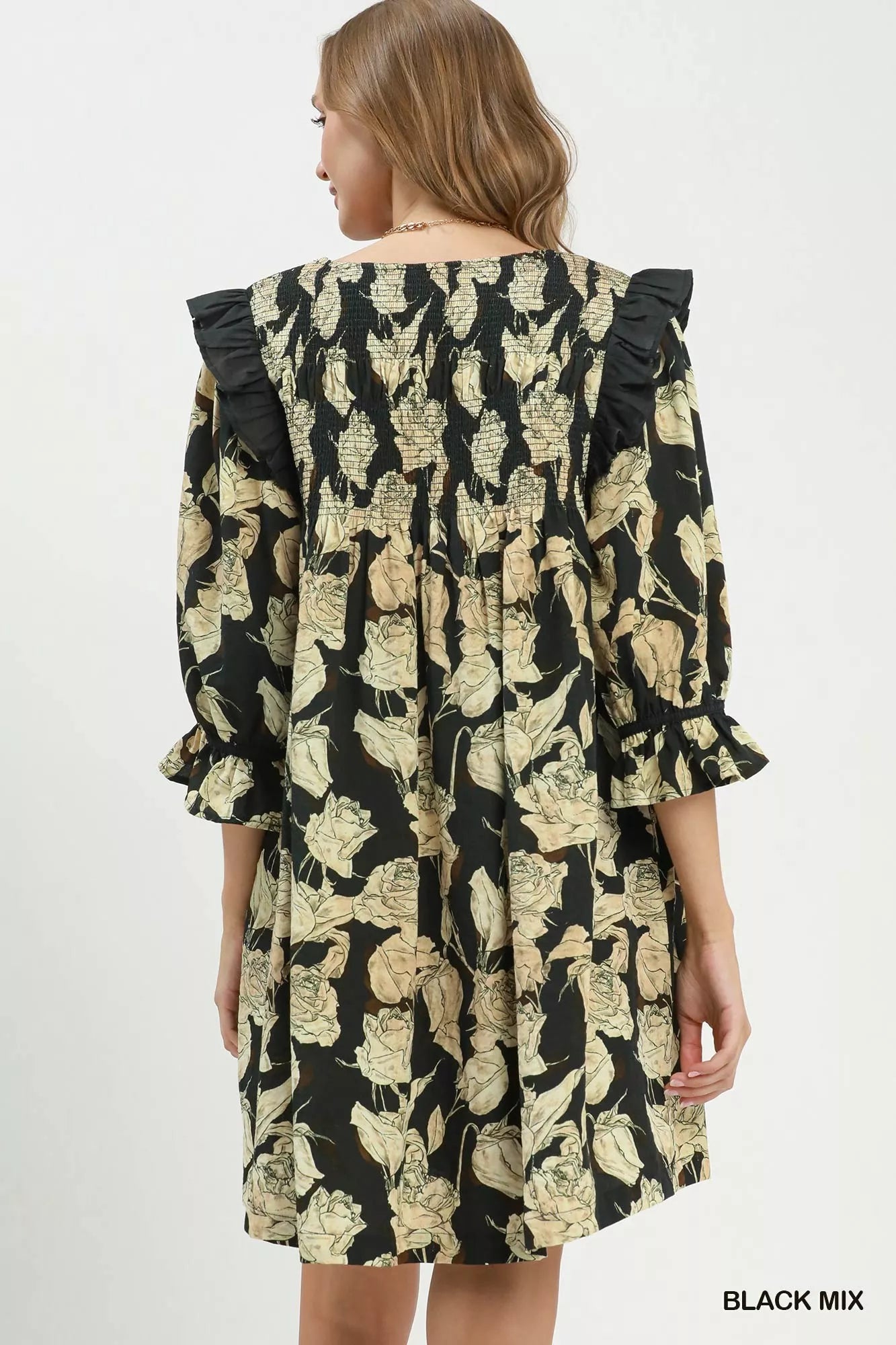 Umgee Mix Floral Print Smocked Ruffle Detail Flowy Dress