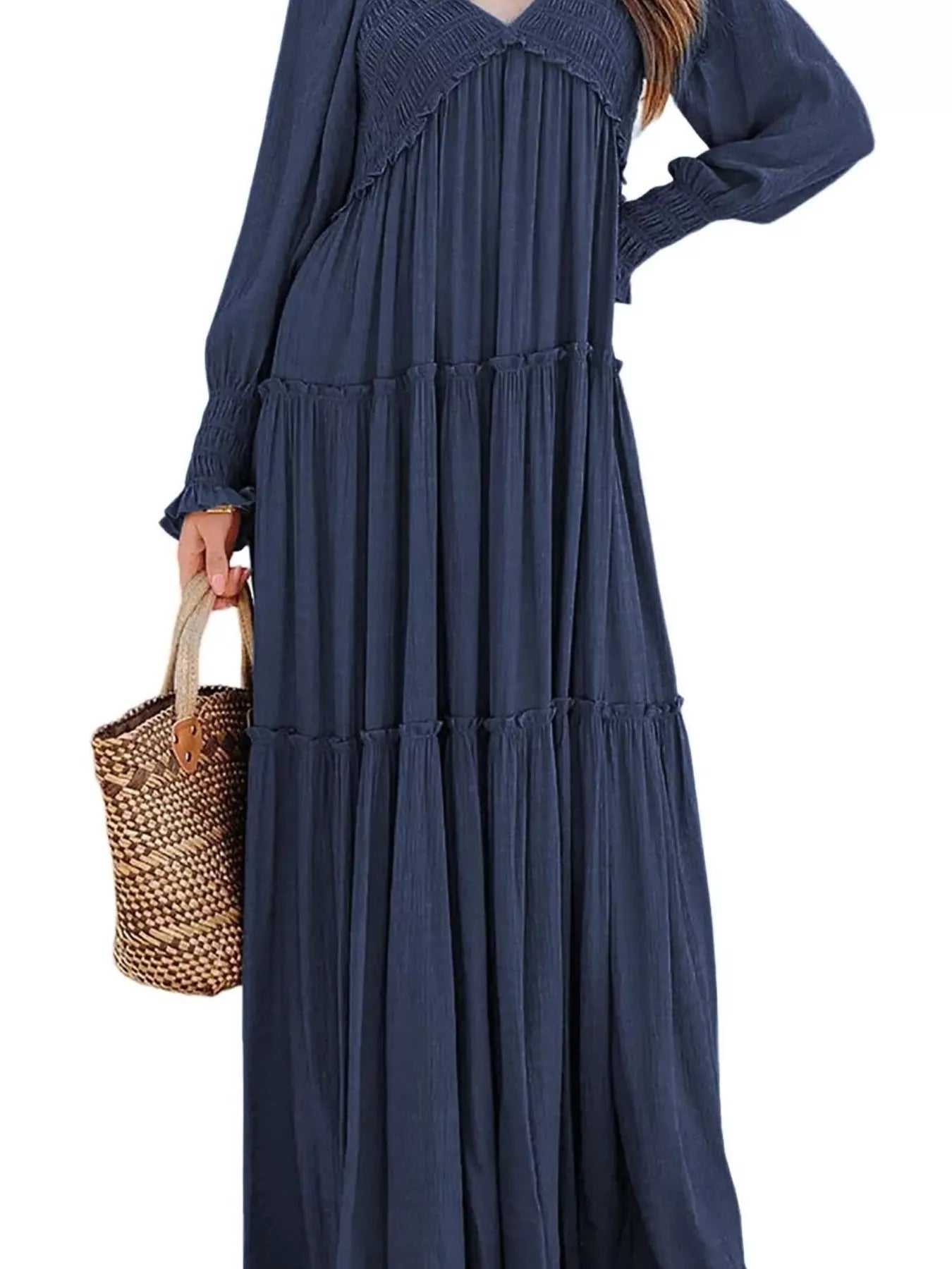 V-Neck Long Sleeve Tiered Maxi Dress