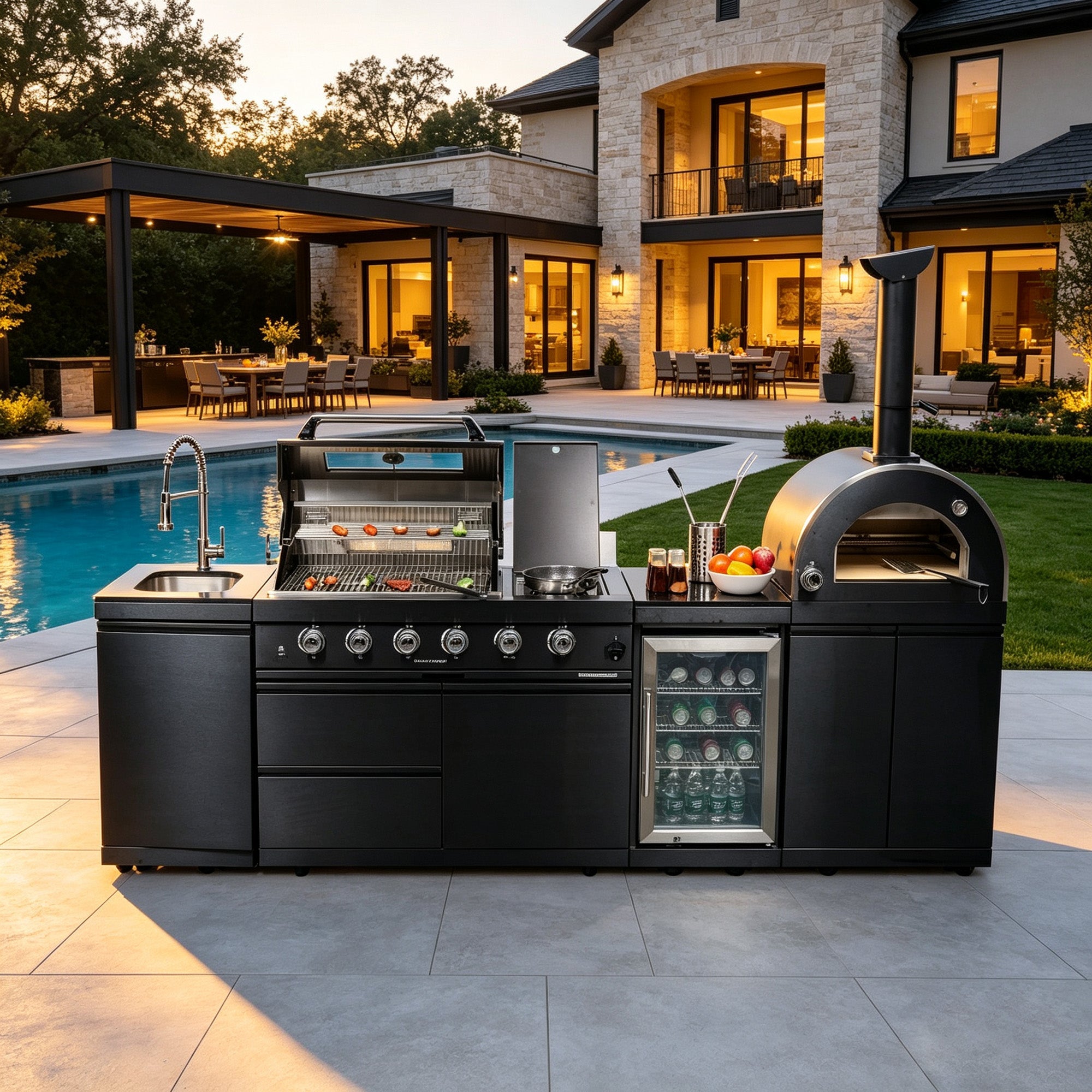 Black 112-Inch Stainless Steel Gas Outdoor Kitchen Barbecue Grill