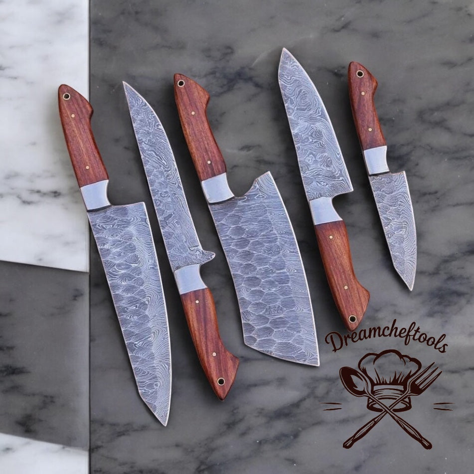 Kitchen Knives Sets – 13” Handmade Damascus Steel Chef Knife with Rosewood Handle & Leather Sheath
