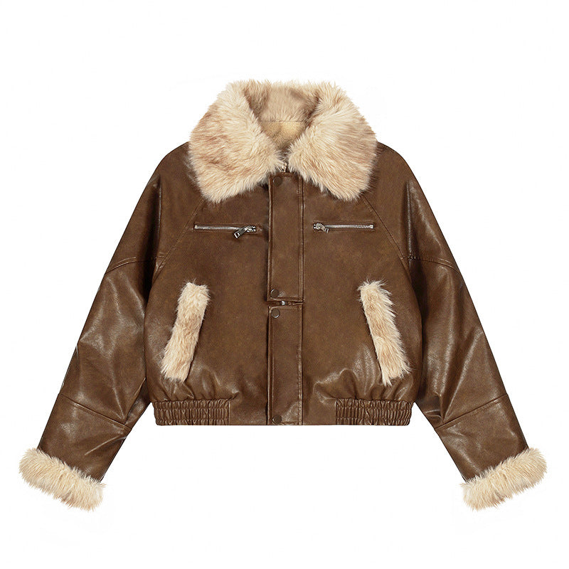 Fur Collar PU Leather Patchwork Coat Stylish Warm Fleece Lined Short Down Jacket
