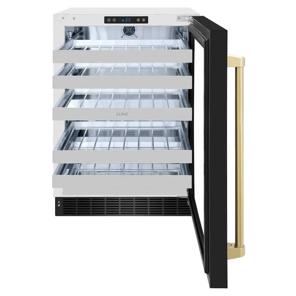 ZLINE 24" Touchstone Dual Zone 44 Bottle Wine Cooler Black Stainless Steel Glass Door Champagne Bronze Handle RWDOZ-BS-24-CB