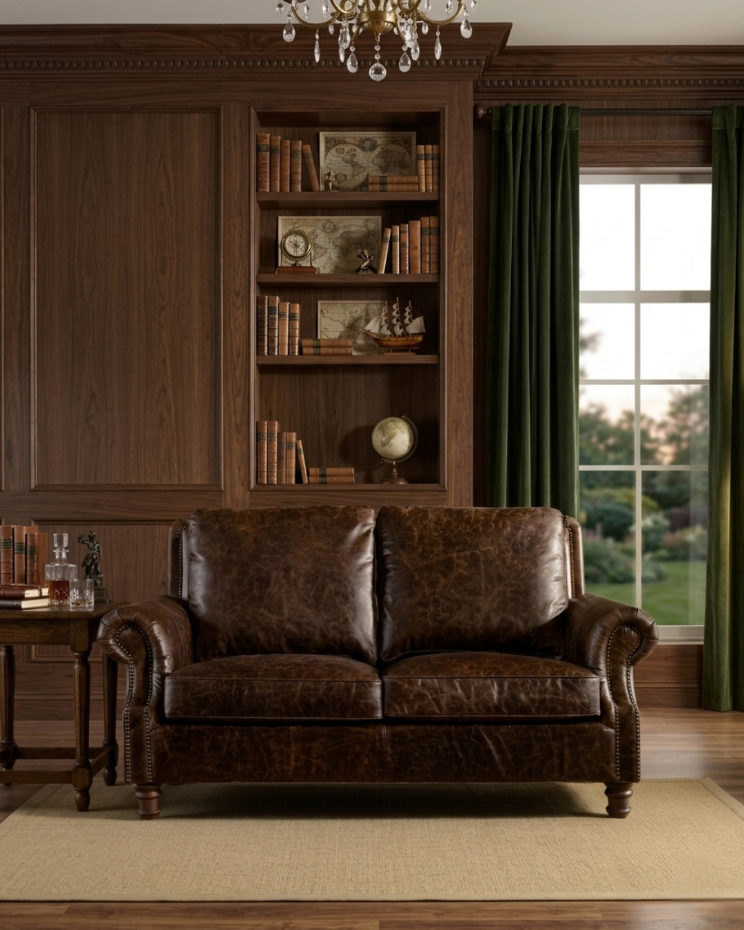 English Rolled Arm Love Seat - Dark Brown Leather