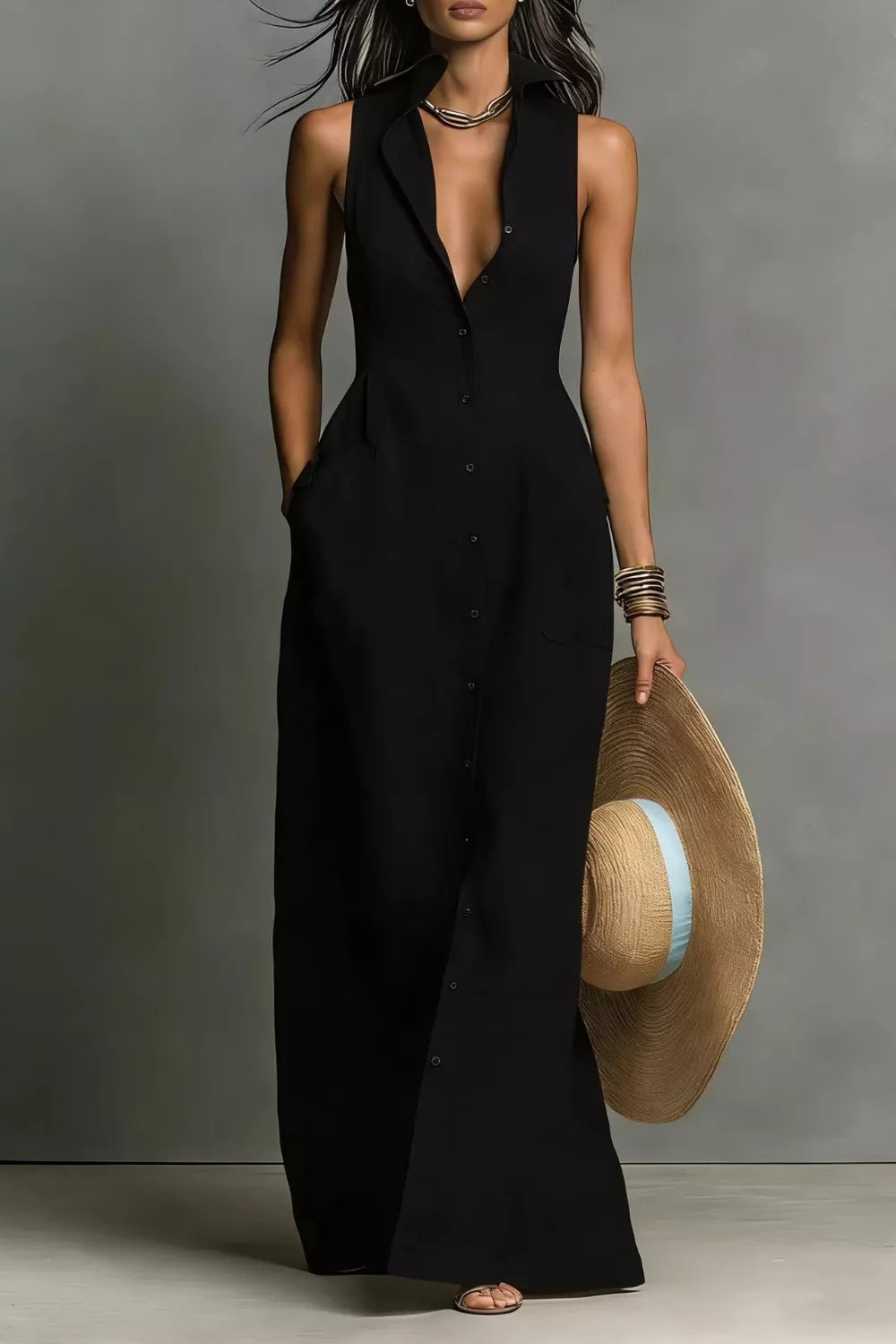 Sleeveless Button-Down Maxi Dress