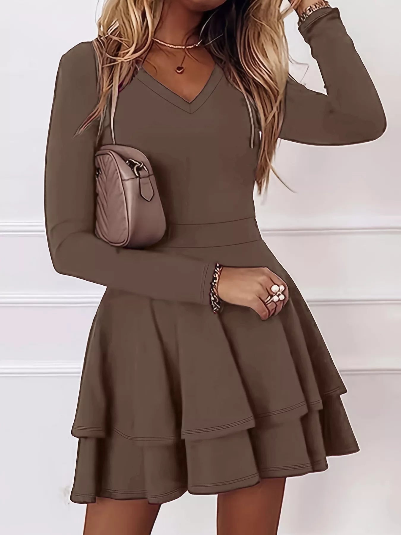 V-Neck Layered Ruffle Mini Dress