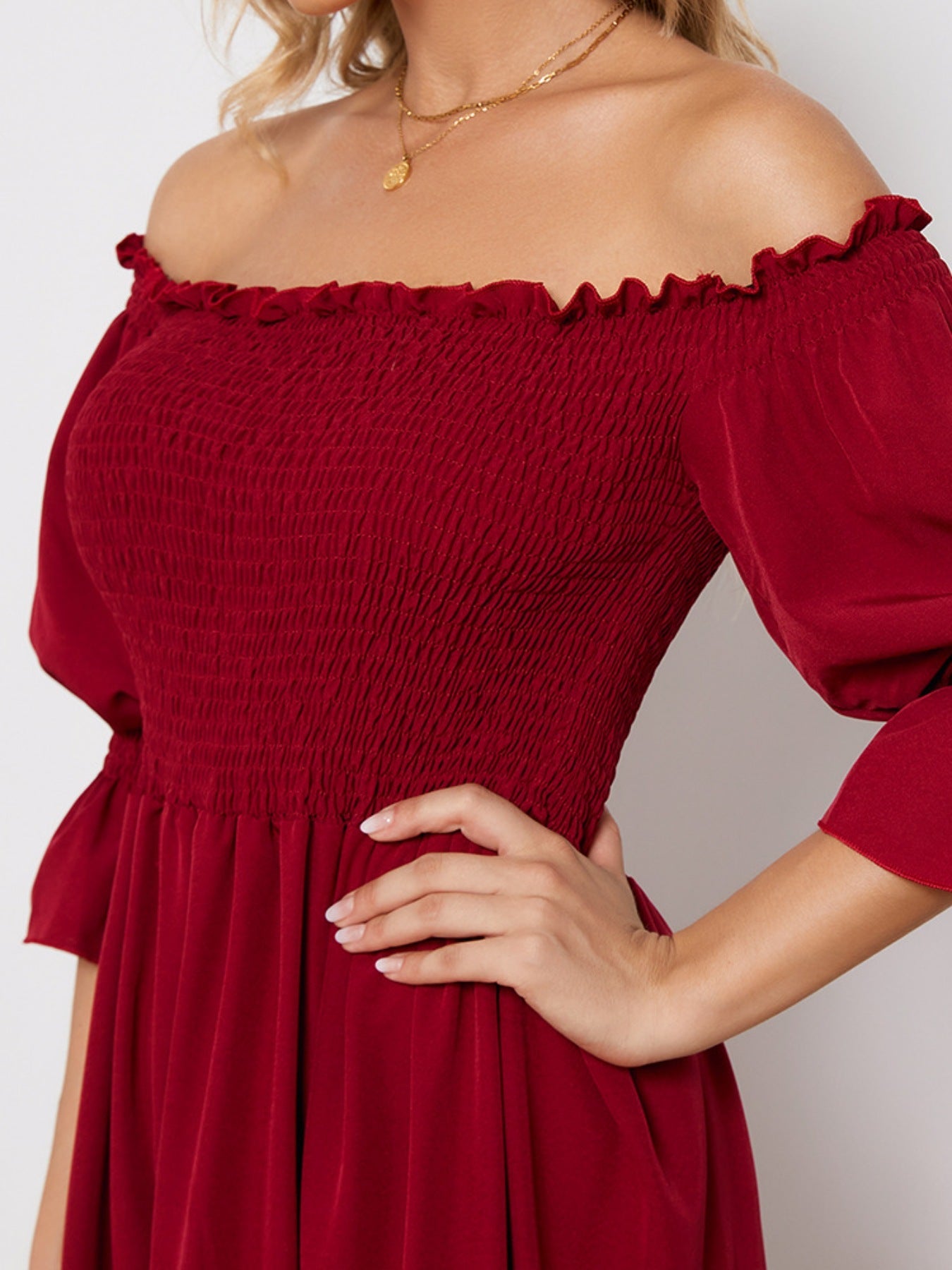 Smocked Off-Shoulder Ruffle Hem Midi Dress