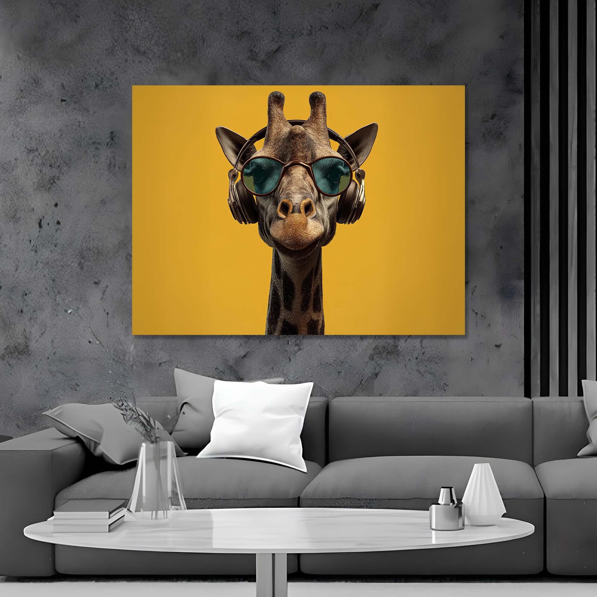 Chill Giraffe with Headphones Tempered Glass Wall Art | Modern Animal Wall Art | Contemporary Wall Decor