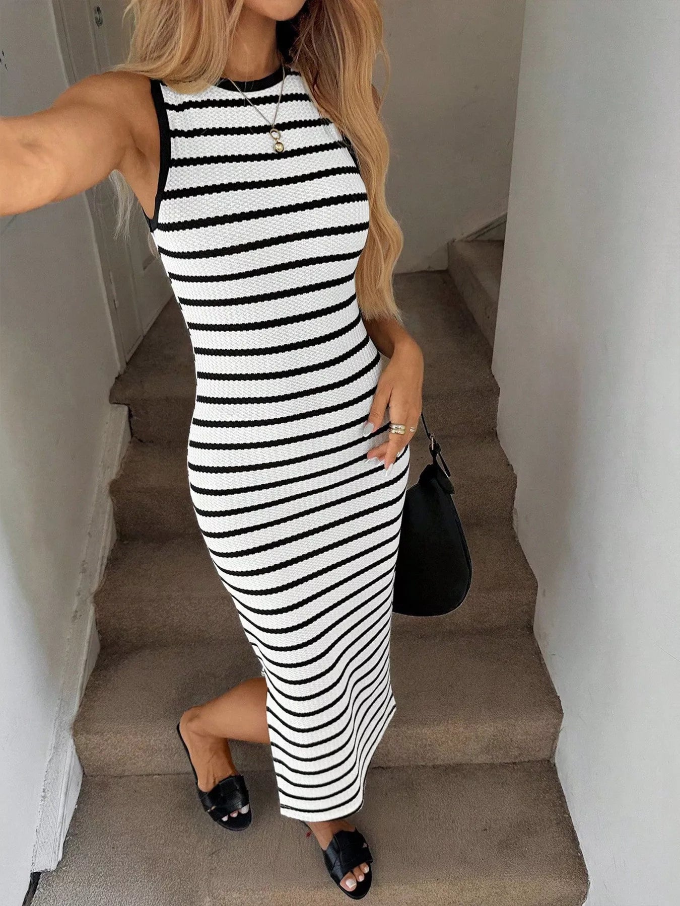 Sleeveless Striped Bodycon Midi Dress