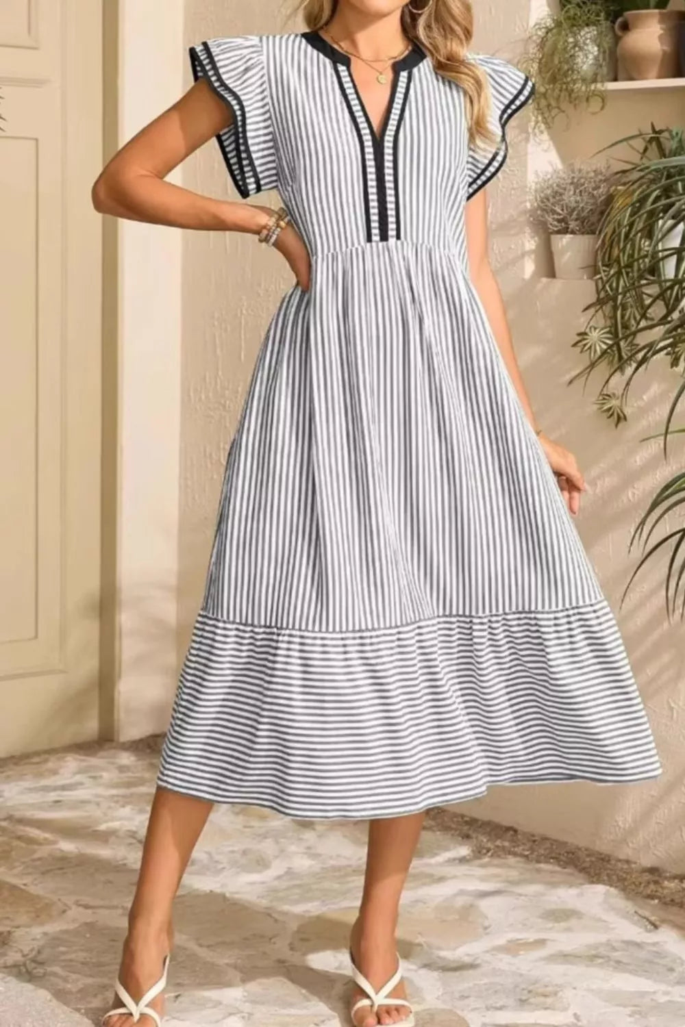 Striped Ruffle Sleeve Midi Dress