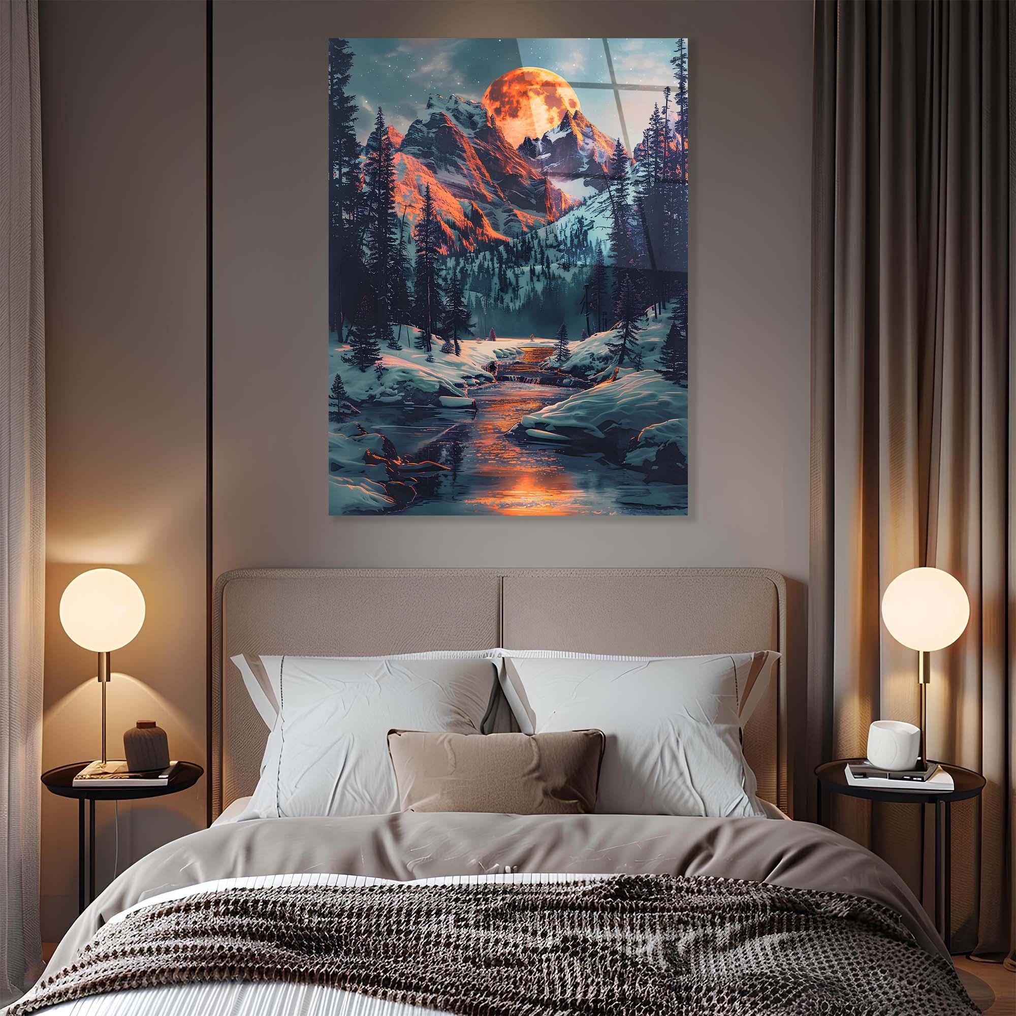 Moonlit Mountain Tempered Glass Wall Art | Winter Landscape Decor