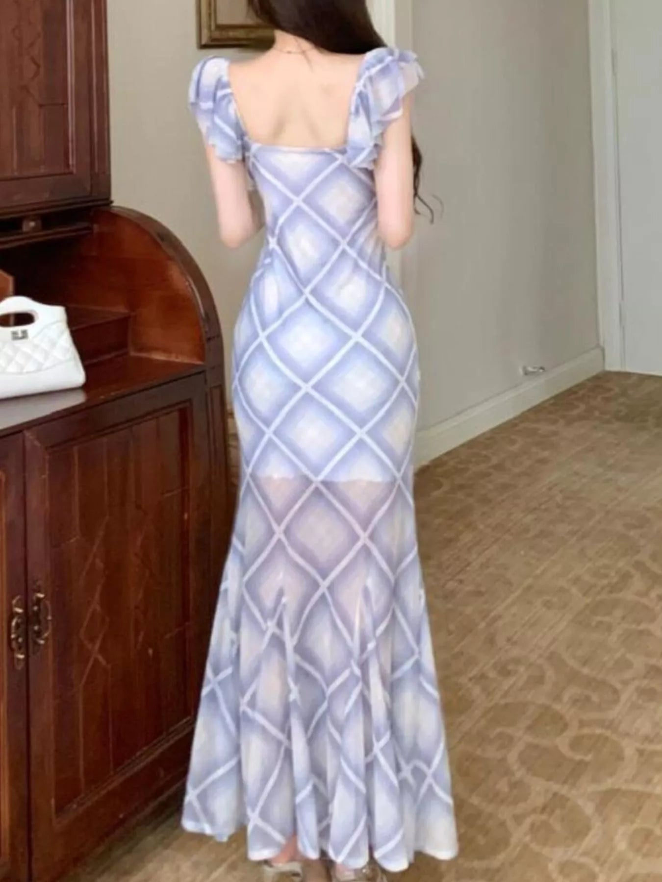 Plaid Ruffle Cap Sleeve Bodycon Maxi Dress
