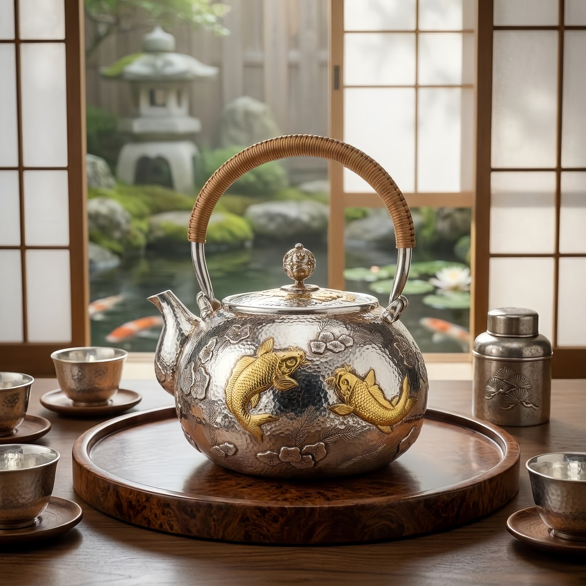 925 Sterling Silver Exquisite Silver Teapot Featuring Handcrafted Gilded Carp and Intricate Floral Motifs - Handicraft