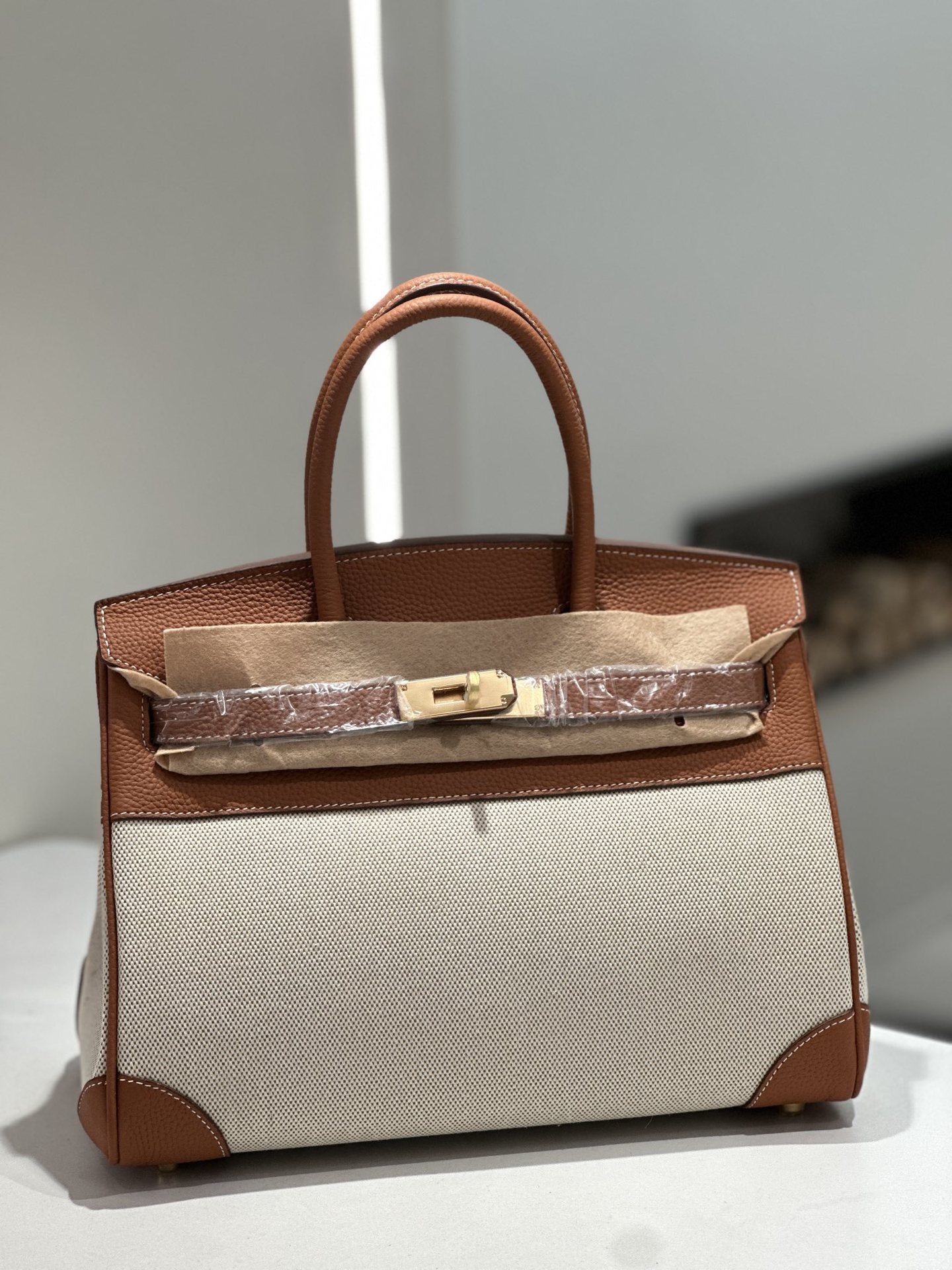 New Cross-border Genuine Leather Birkin Bag, Cowhide With Fabric Large Tote, Commuter Handbag With A High-end Kelly Bag Feel