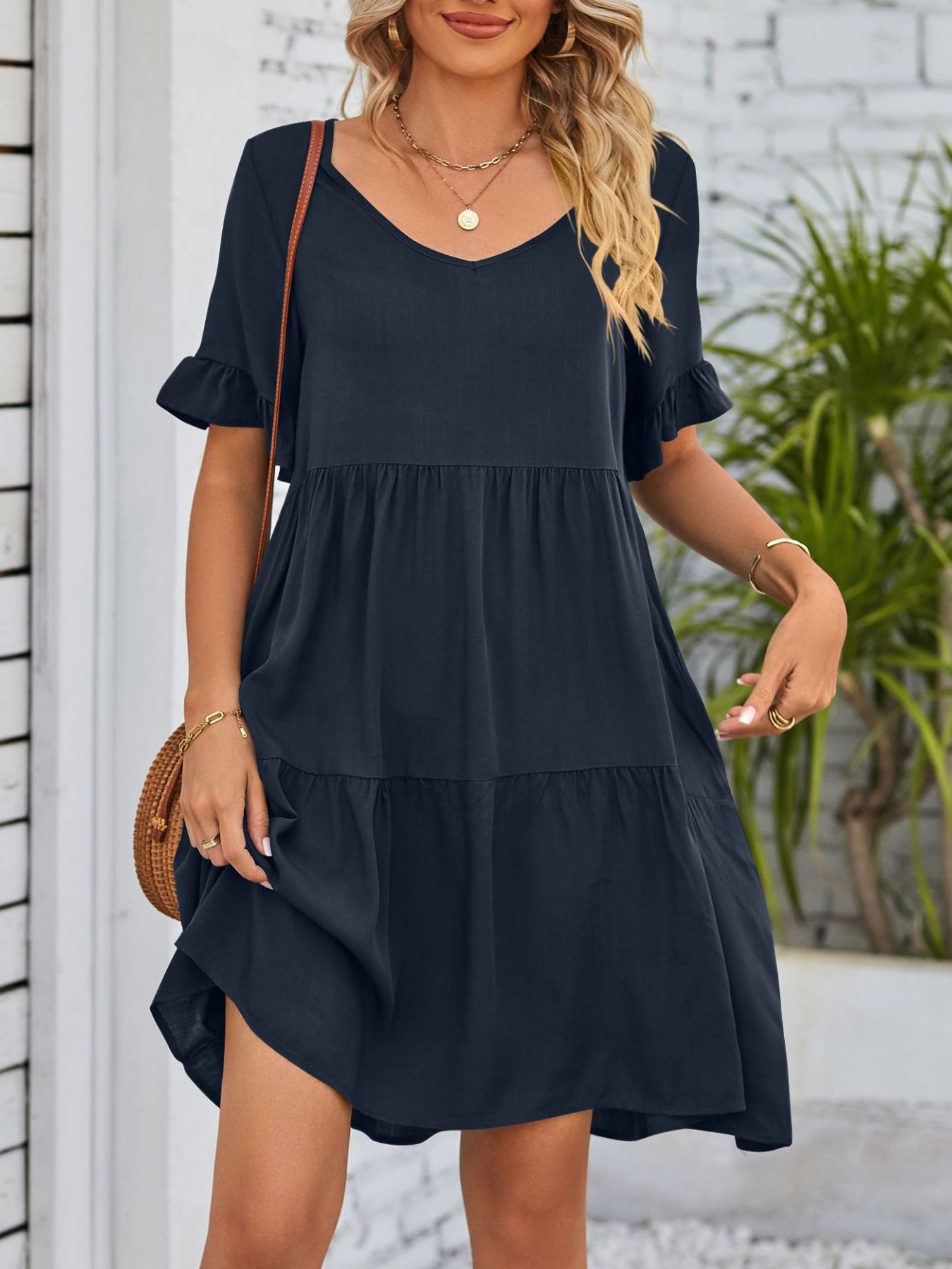 Ruffled Sleeve Tiered Mini Dress