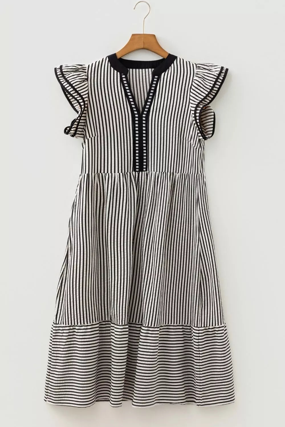 Striped Ruffle Sleeve Tiered Midi Dress