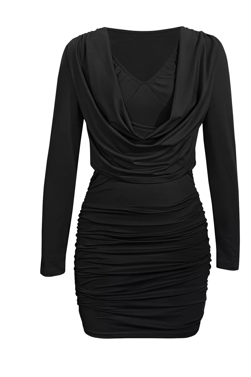 Ruched Cowl Neck Long Sleeve Mini Dress