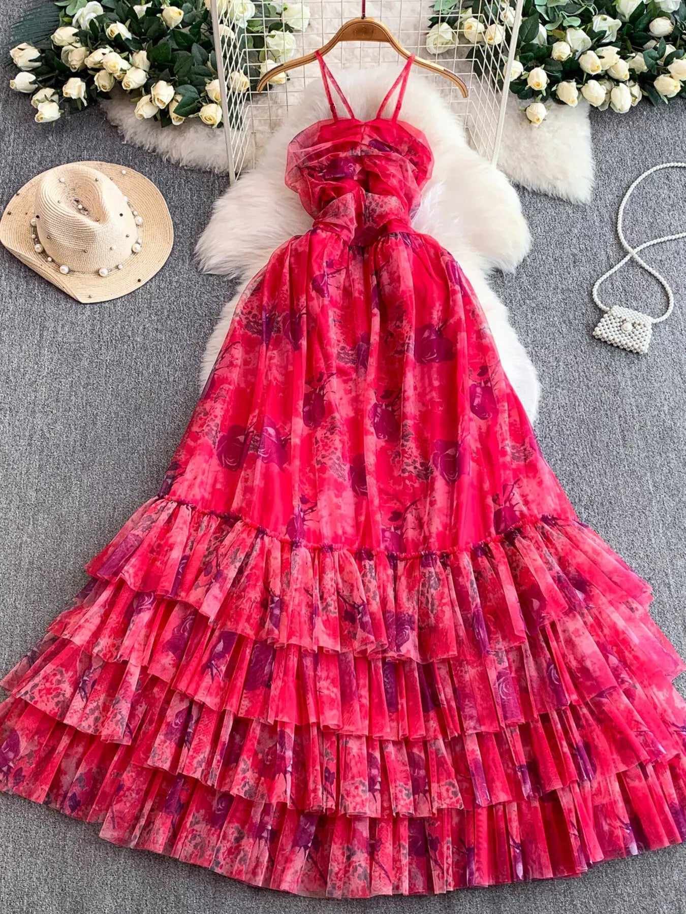 Floral Print Ruffled Layered Mesh Dress