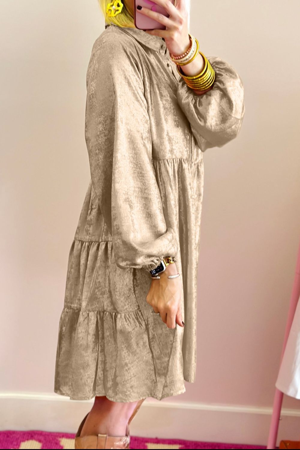 Button Front Balloon Sleeve Mini Dress