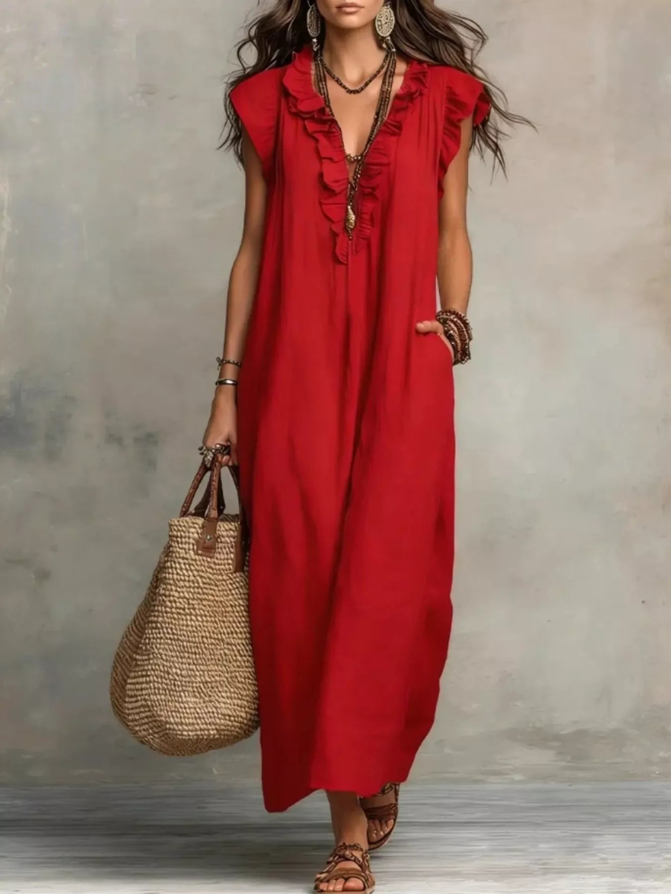 Ruffled V-Neck Maxi Dress
