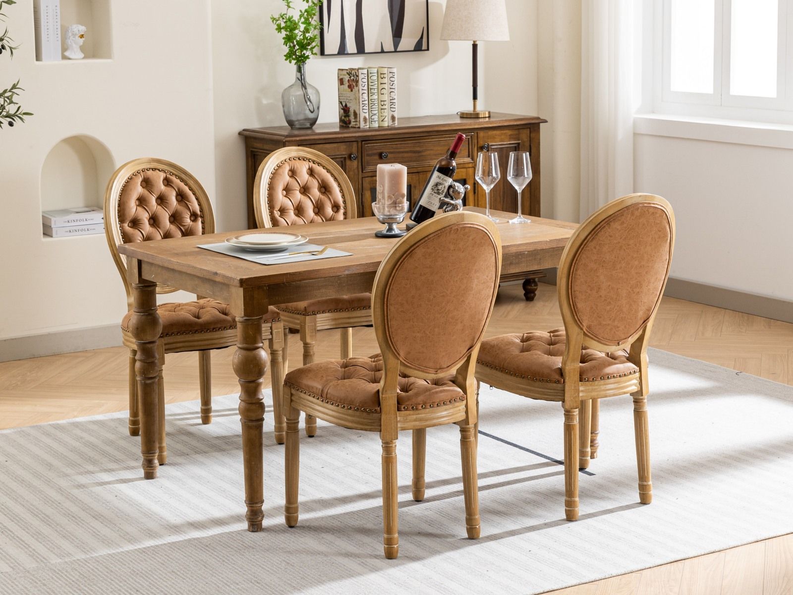 French Style Solid Wood Frame Antique Painting, Hand-Pulled Buckle Decoration Artificial Dining Chair With Nailhead Trim, Wood Legs