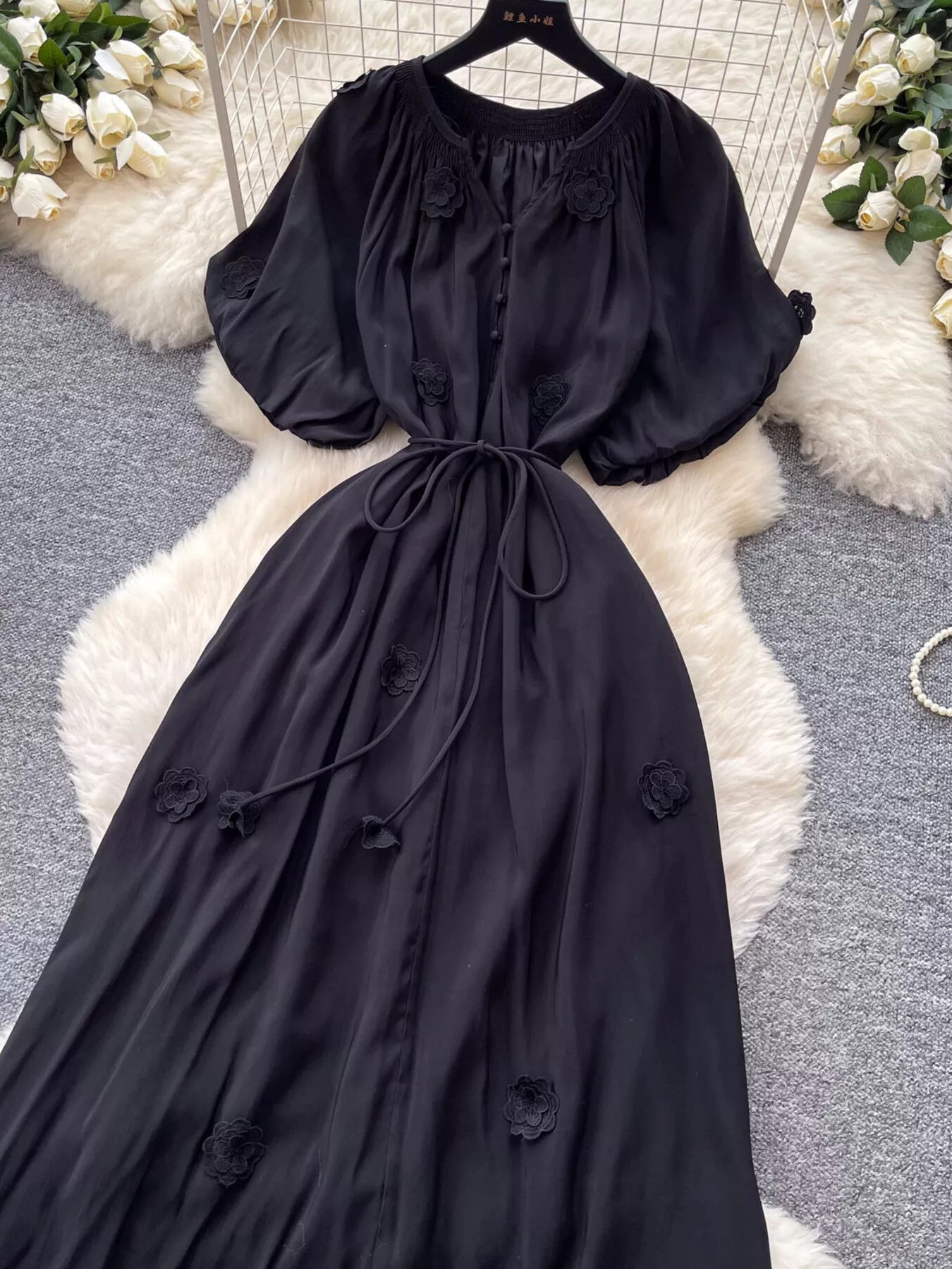 Floral Decor Tie Waist Puff Sleeve Dress