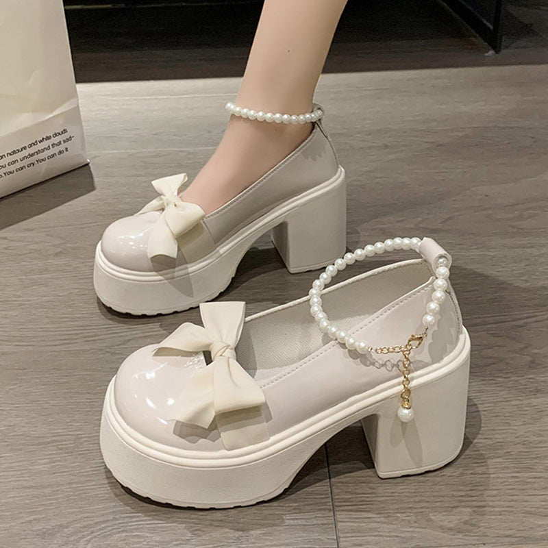 Pearl Bow High-heeled Leather Shoes