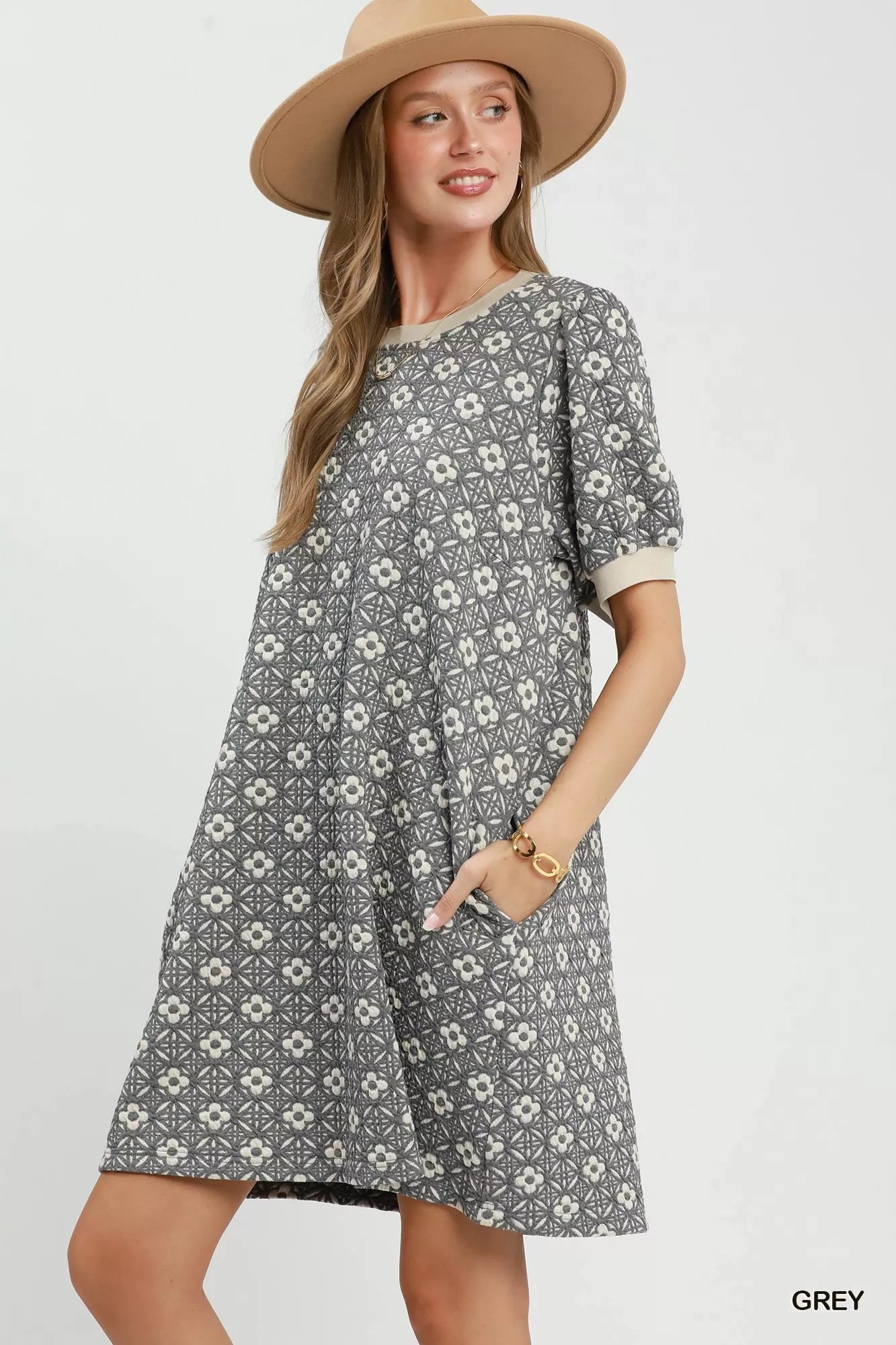 Umgee Floral Textured Puff Sleeve Mini Dress