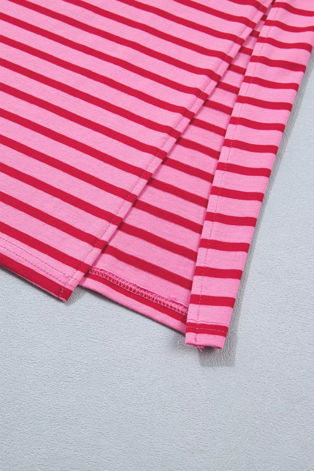 Stripe Striped Short Sleeve Scalloped Trim Side Slit Maxi Tee Dress