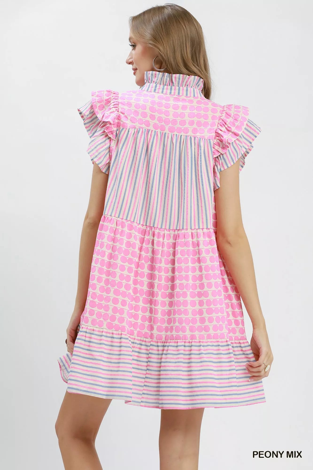 Umgee Mix Patchwork Flutter Sleeve Tiered Dress