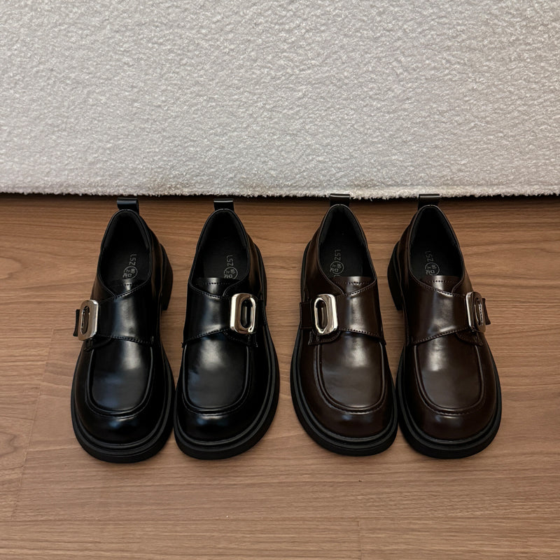 Women Preppy JK Uniform Single Square Metal Buckle Platform Loafers, Round Toe Chunky Thick Sole Vintage Glossy Leather Casual Student Daily Walking Shoes Black Dark Brown